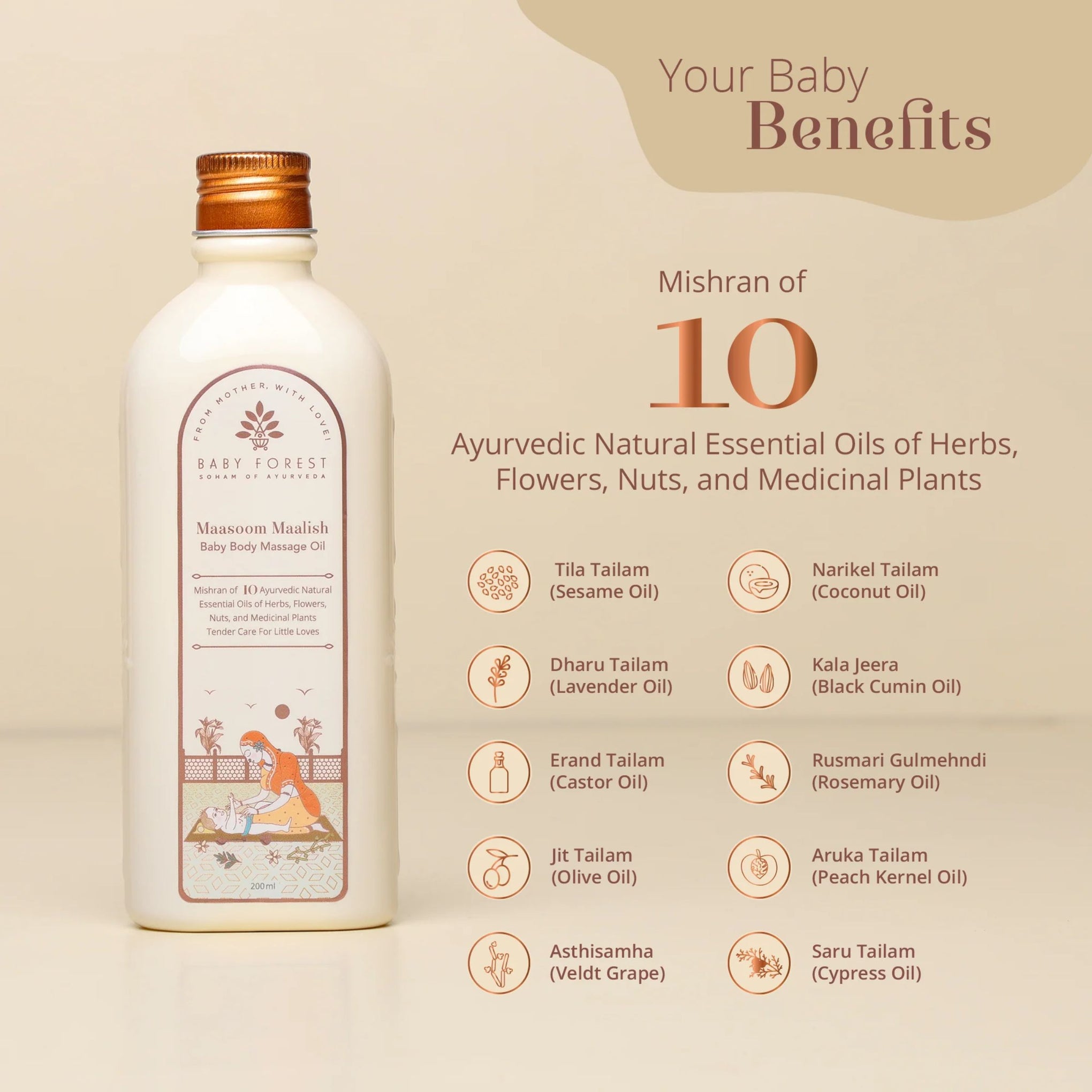 Baby Forest Maasoom Maalish Baby Body Massage Oil – Ayurvedic Baby Massage Oil with 10 Natural Herbs & Essential Oils for Gentle Nourishment (0+ Years)