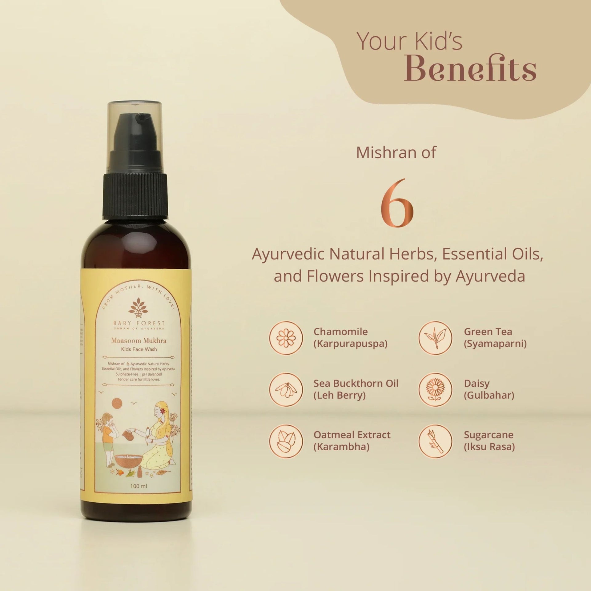 BABY FOREST Maasoom Mukhra Kids Face Wash | Ayurvedic Face Wash for Kids | Sulphate-Free & pH Balanced | 100 ml