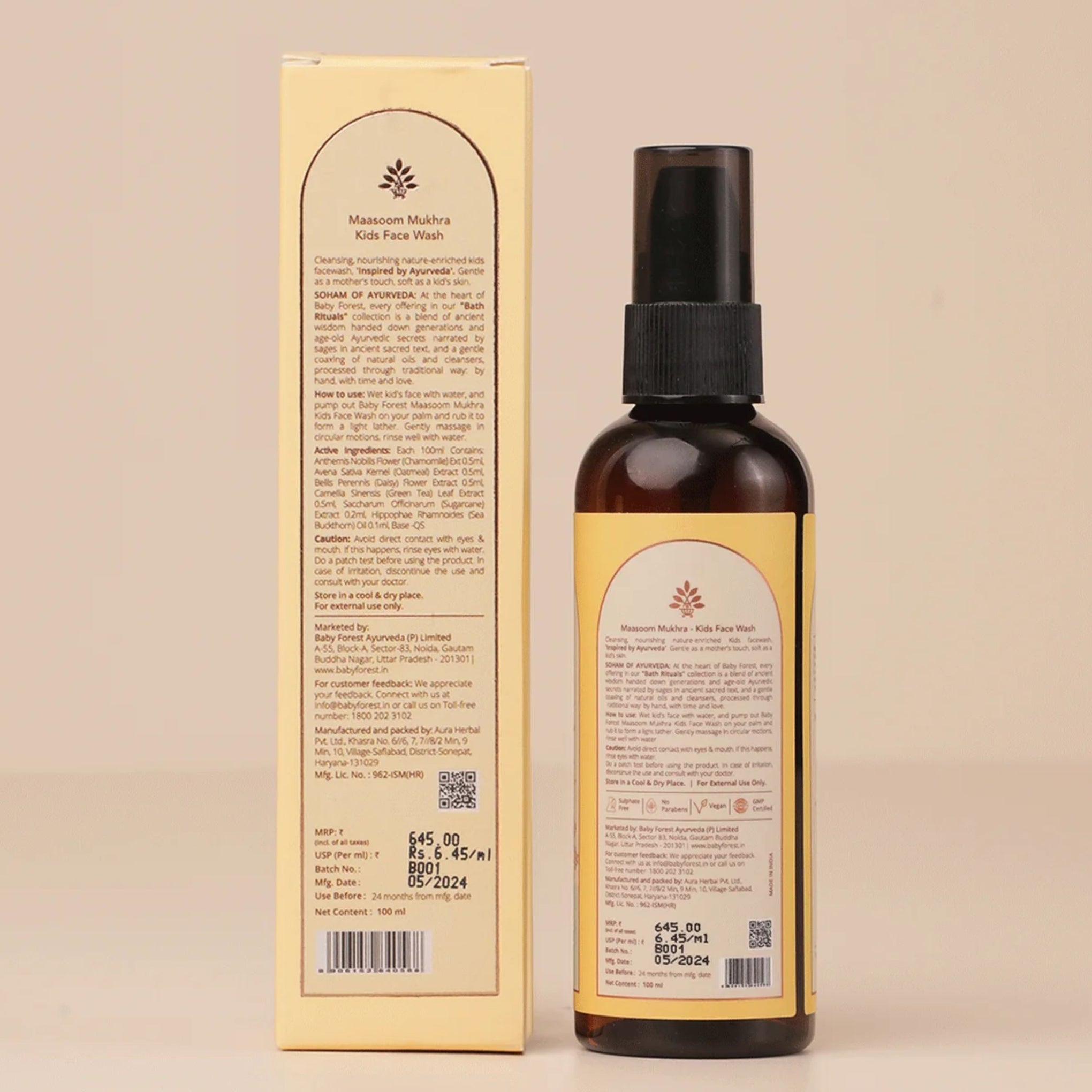 BABY FOREST Maasoom Mukhra Kids Face Wash | Ayurvedic Face Wash for Kids | Sulphate-Free & pH Balanced | 100 ml