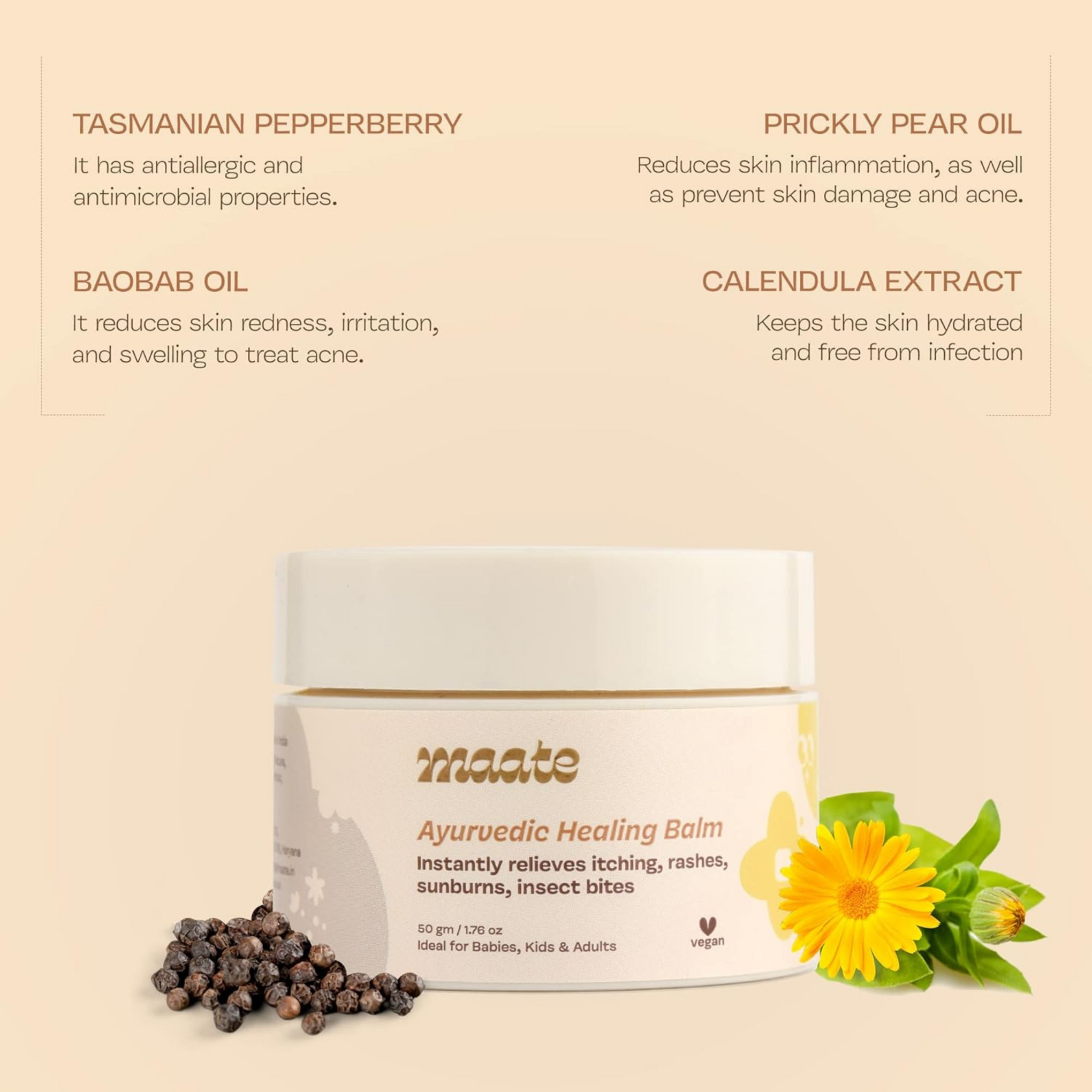 Maate Ayurvedic Healing Balm (50 gm) | Cream For Relieves Itching, Diaper Rashes, Sunburns, Insect Bites | Dermatologically Tested