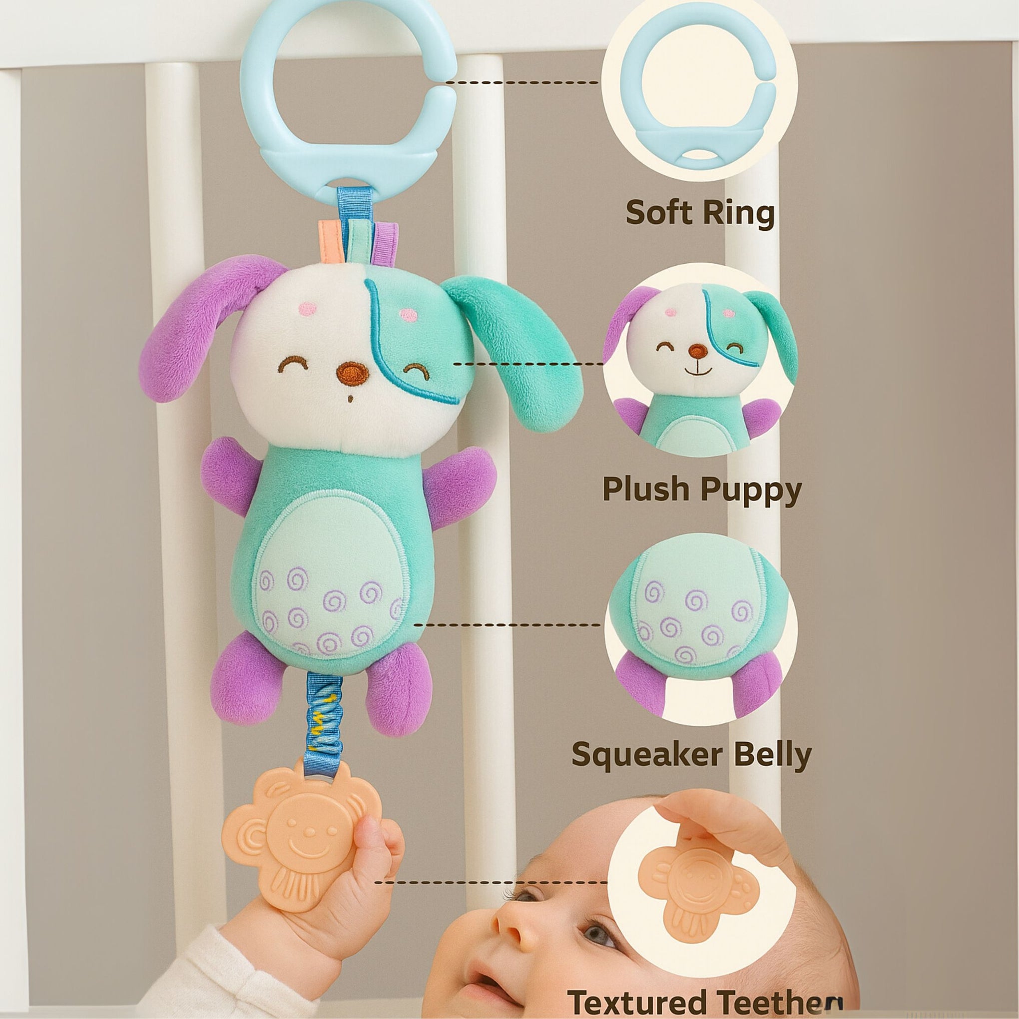Smile Baby Plush Hanging Dog Toy with Teether – Soft Fabric, Crib/Stroller Clip, Rattle & Squeaker | For Newborns & Infants (0–12 Months)