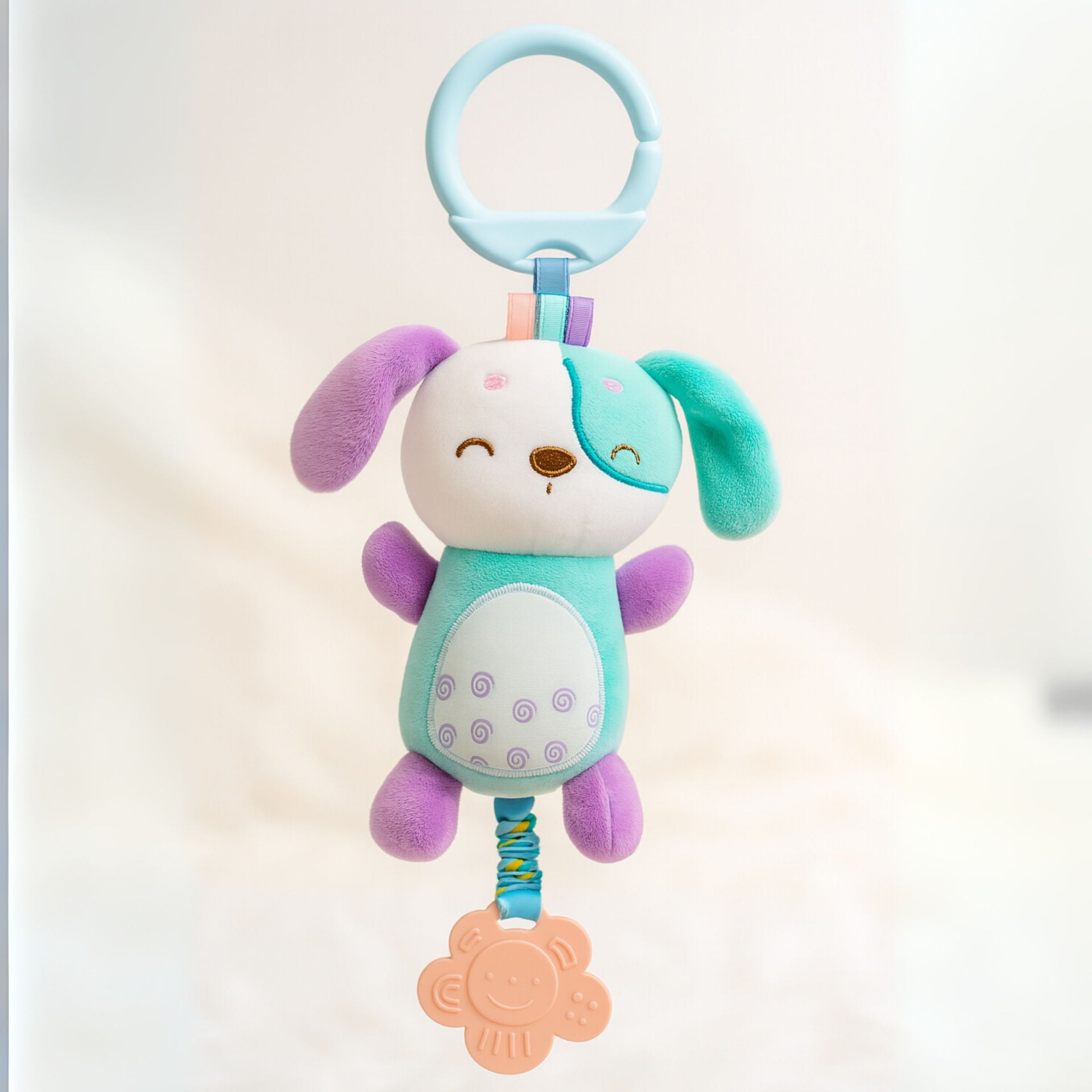 Smile Baby Plush Hanging Dog Toy with Teether – Soft Fabric, Crib/Stroller Clip, Rattle & Squeaker | For Newborns & Infants (0–12 Months)