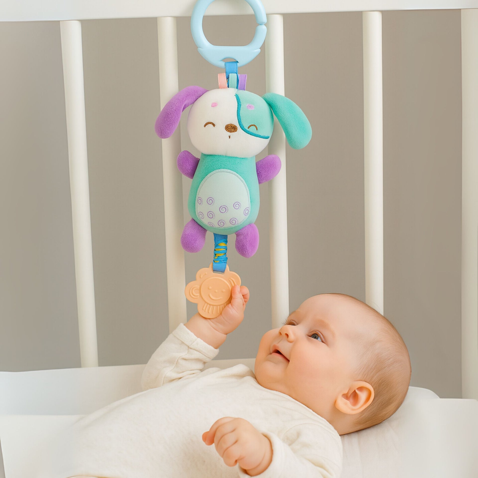 Smile Baby Plush Hanging Dog Toy with Teether – Soft Fabric, Crib/Stroller Clip, Rattle & Squeaker | For Newborns & Infants (0–12 Months)