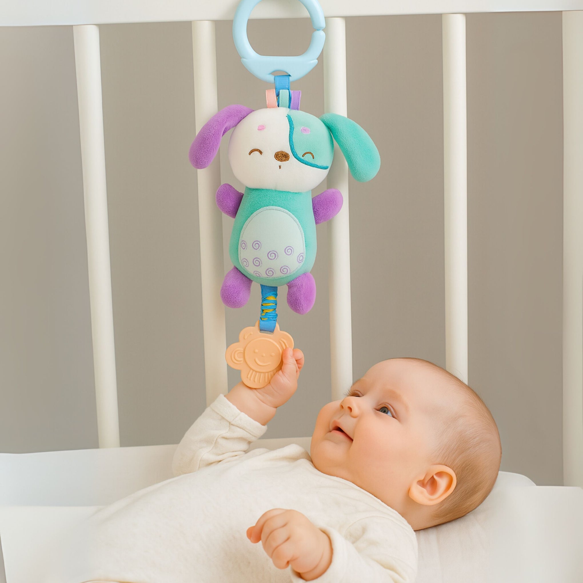 Smile Baby Plush Hanging Dog Toy with Teether – Soft Fabric, Crib/Stroller Clip, Rattle & Squeaker | For Newborns & Infants (0–12 Months)
