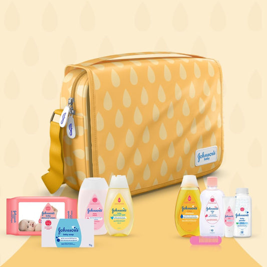 Johnson's Baby Gift Pack with Travel Kit | Newborn Essentials Kit for Baby Girl/Boy | 10 Baby Products Including Orange Hanging Bag & Comb