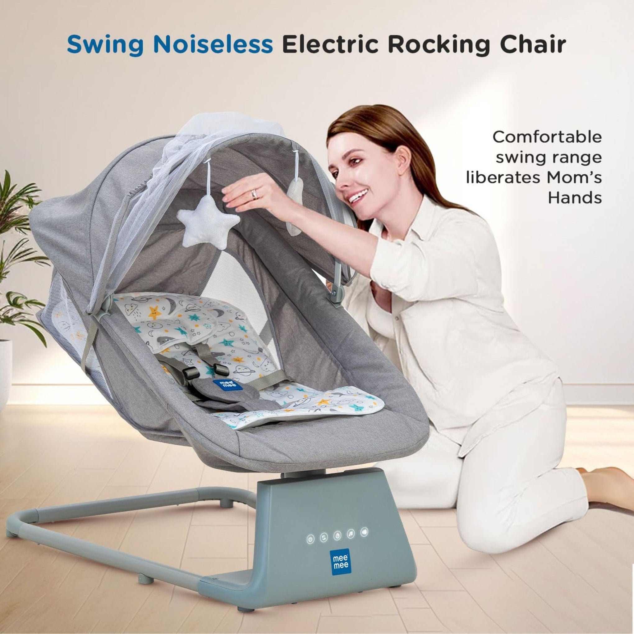 Mee Mee Electric Baby Rocking/Swing Chair|Automatic Rocker with Bluetooth Music Connectivity|Remote Controlled Swing with Timer|Noiseless, Safety Belt, Lightweight Baby Bouncer with Mosquito Net