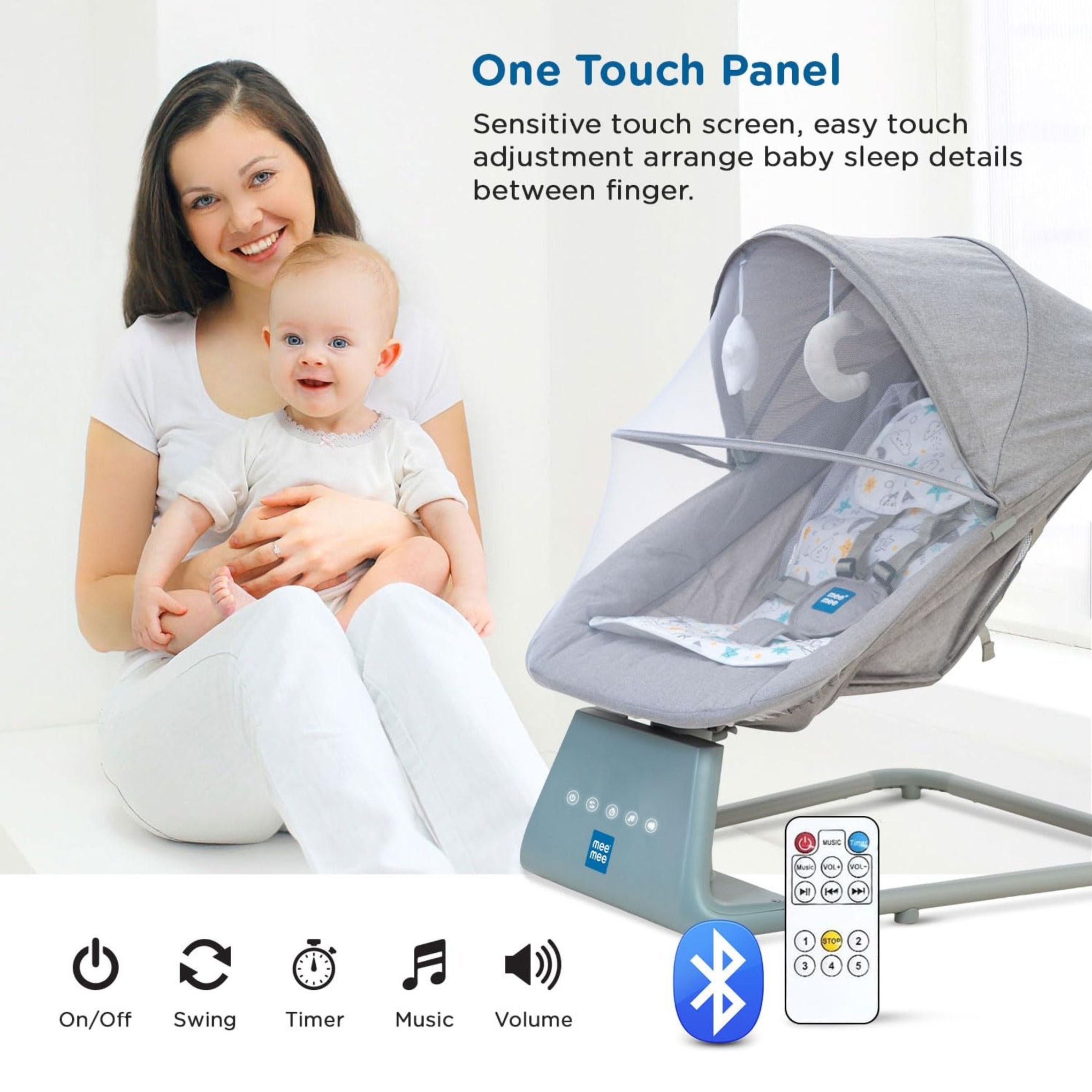 Mee Mee Electric Baby Rocking/Swing Chair|Automatic Rocker with Bluetooth Music Connectivity|Remote Controlled Swing with Timer|Noiseless, Safety Belt, Lightweight Baby Bouncer with Mosquito Net