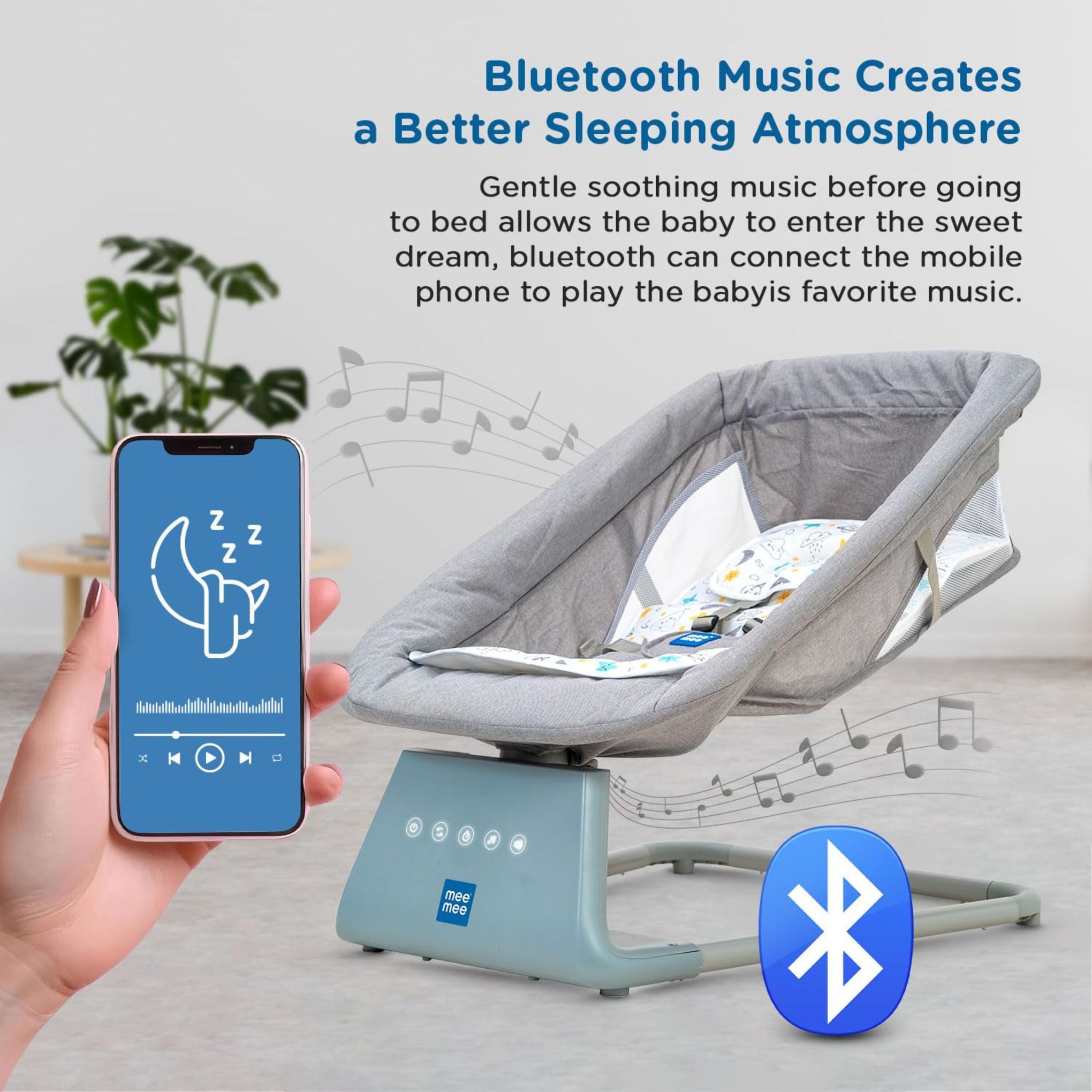 Mee Mee Electric Baby Rocking/Swing Chair|Automatic Rocker with Bluetooth Music Connectivity|Remote Controlled Swing with Timer|Noiseless, Safety Belt, Lightweight Baby Bouncer with Mosquito Net