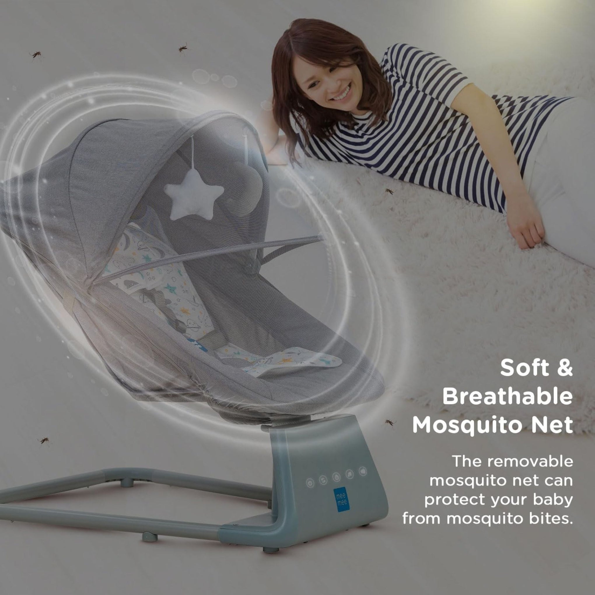 Mee Mee Electric Baby Rocking/Swing Chair|Automatic Rocker with Bluetooth Music Connectivity|Remote Controlled Swing with Timer|Noiseless, Safety Belt, Lightweight Baby Bouncer with Mosquito Net