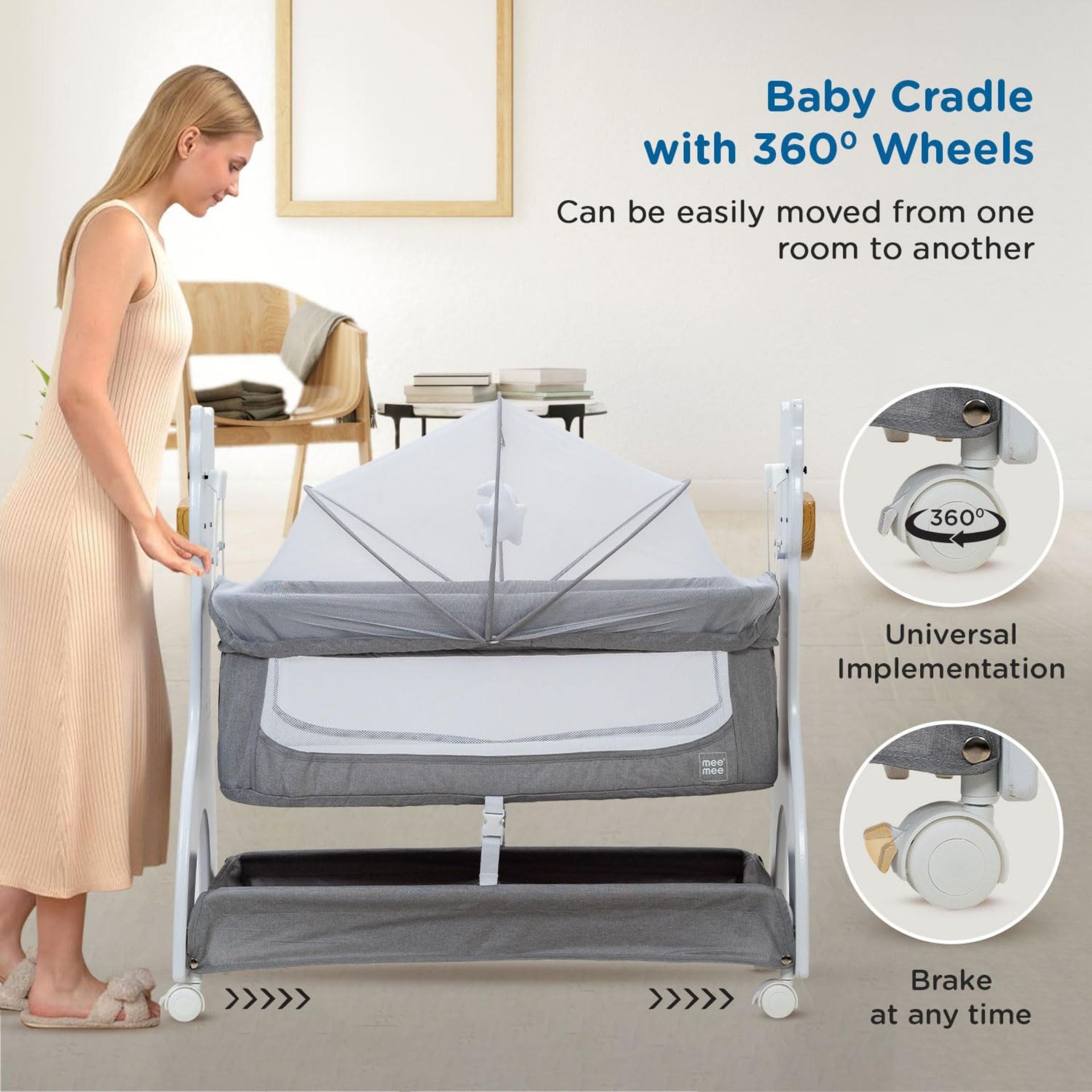 Mee Mee Swing Cradle for Newborn Baby with Mosquito Net & Mattress Pad, Cot Bassinet with Wheel Lock for Kids 0-18 Month (Grey)