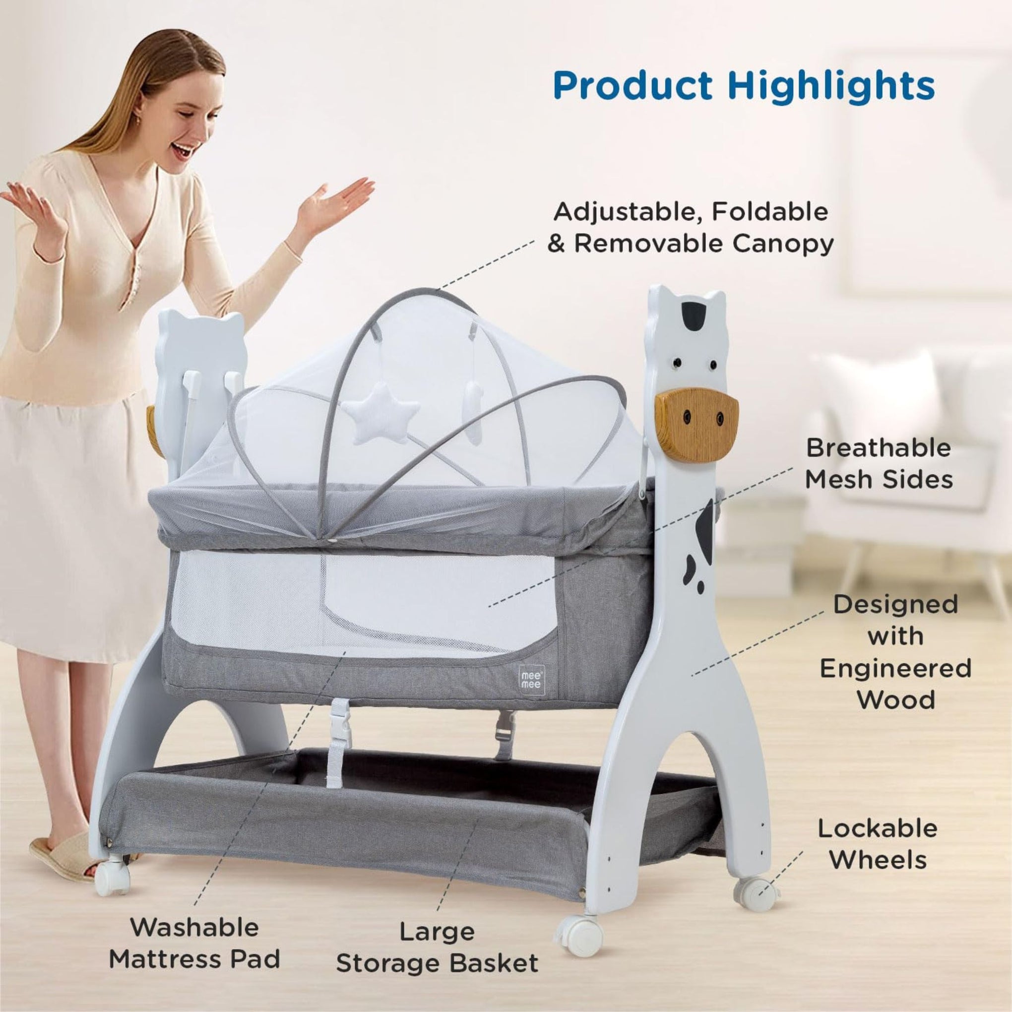 Mee Mee Swing Cradle for Newborn Baby with Mosquito Net & Mattress Pad, Cot Bassinet with Wheel Lock for Kids 0-18 Month (Grey)