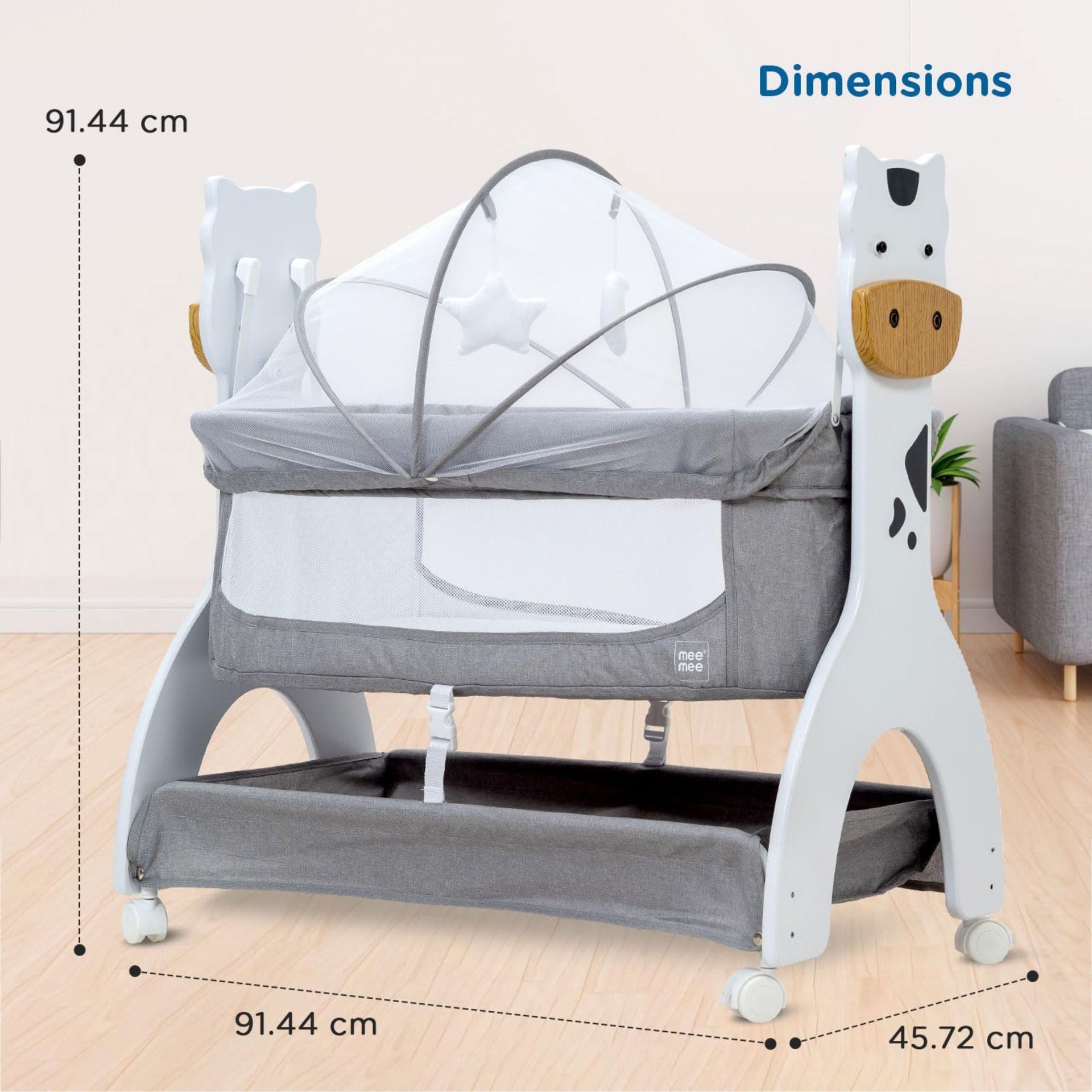 Mee Mee Swing Cradle for Newborn Baby with Mosquito Net & Mattress Pad, Cot Bassinet with Wheel Lock for Kids 0-18 Month (Grey)