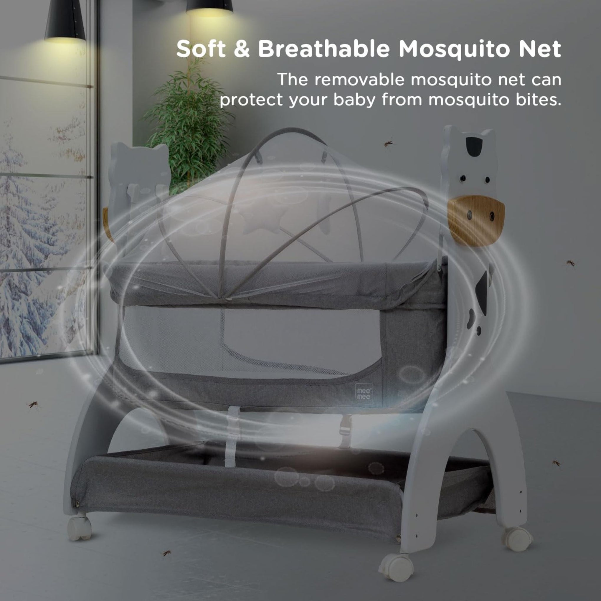 Mee Mee Swing Cradle for Newborn Baby with Mosquito Net & Mattress Pad, Cot Bassinet with Wheel Lock for Kids 0-18 Month (Grey)