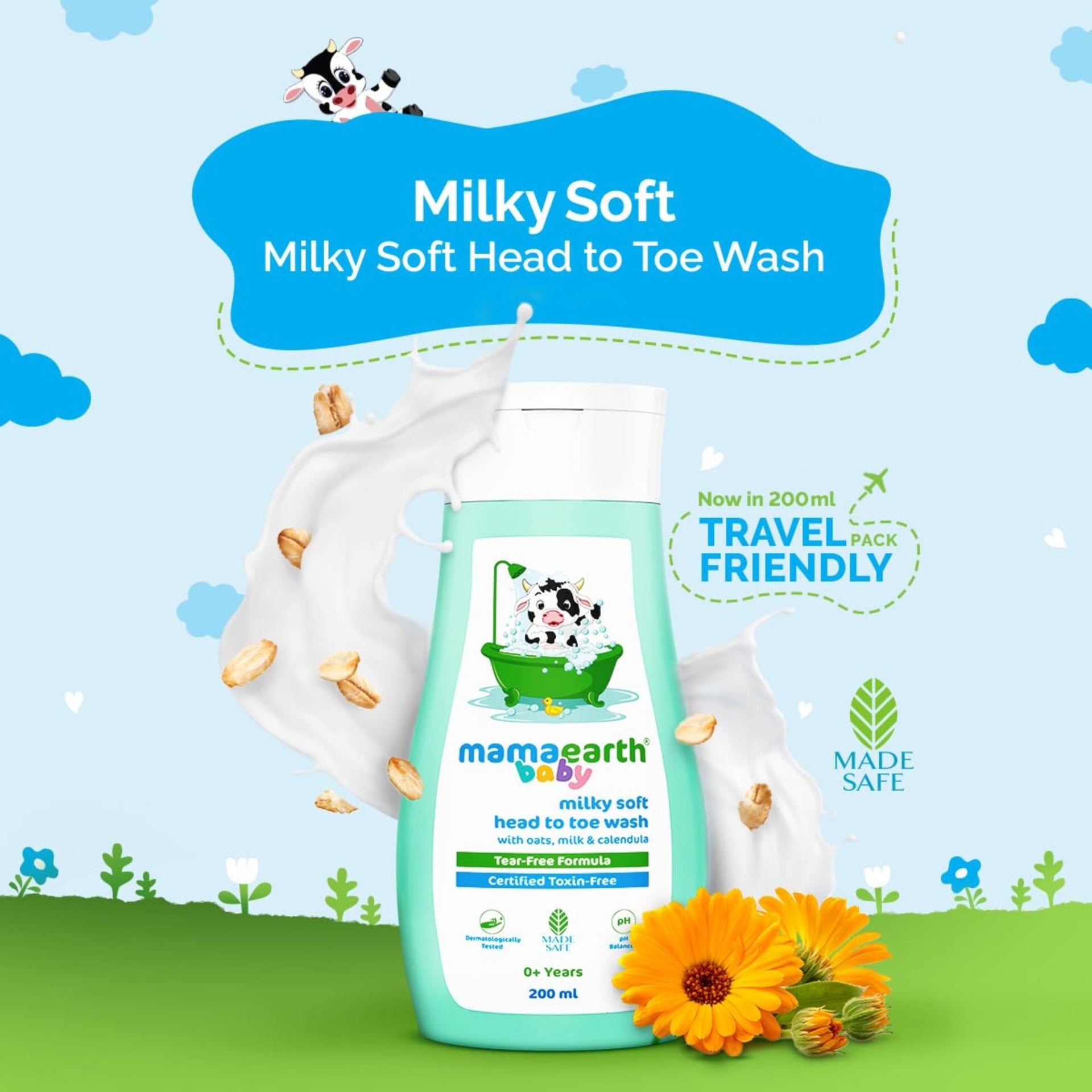 Mamaearth Baby Milky Soft Head to Toe Wash with Oats, Milk & Calendula | Tear-Free, Toxin-Free Cleanser | pH Balanced | 0+ Years | 200 ml