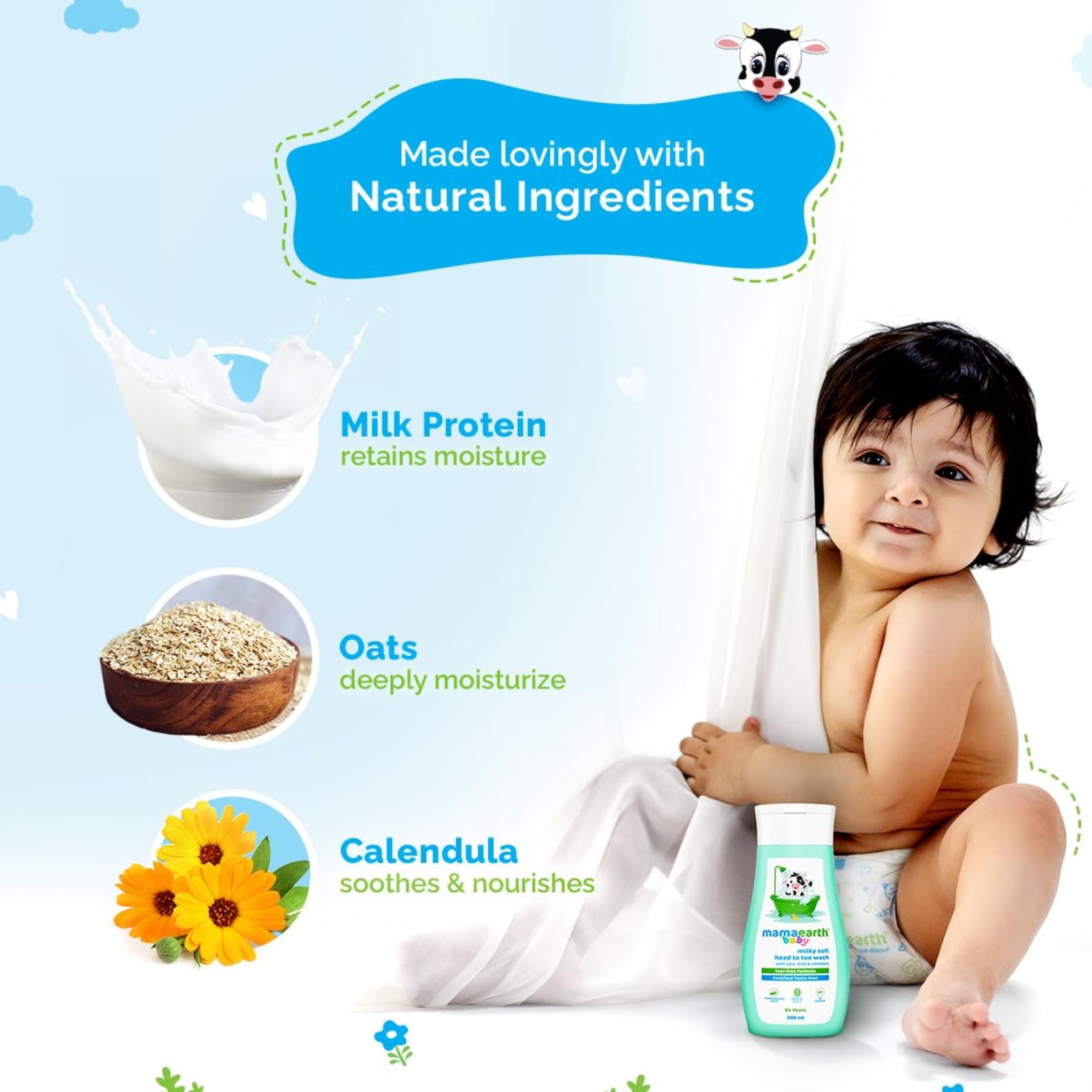 Mamaearth Baby Milky Soft Head to Toe Wash with Oats, Milk & Calendula | Tear-Free, Toxin-Free Cleanser | pH Balanced | 0+ Years | 200 ml