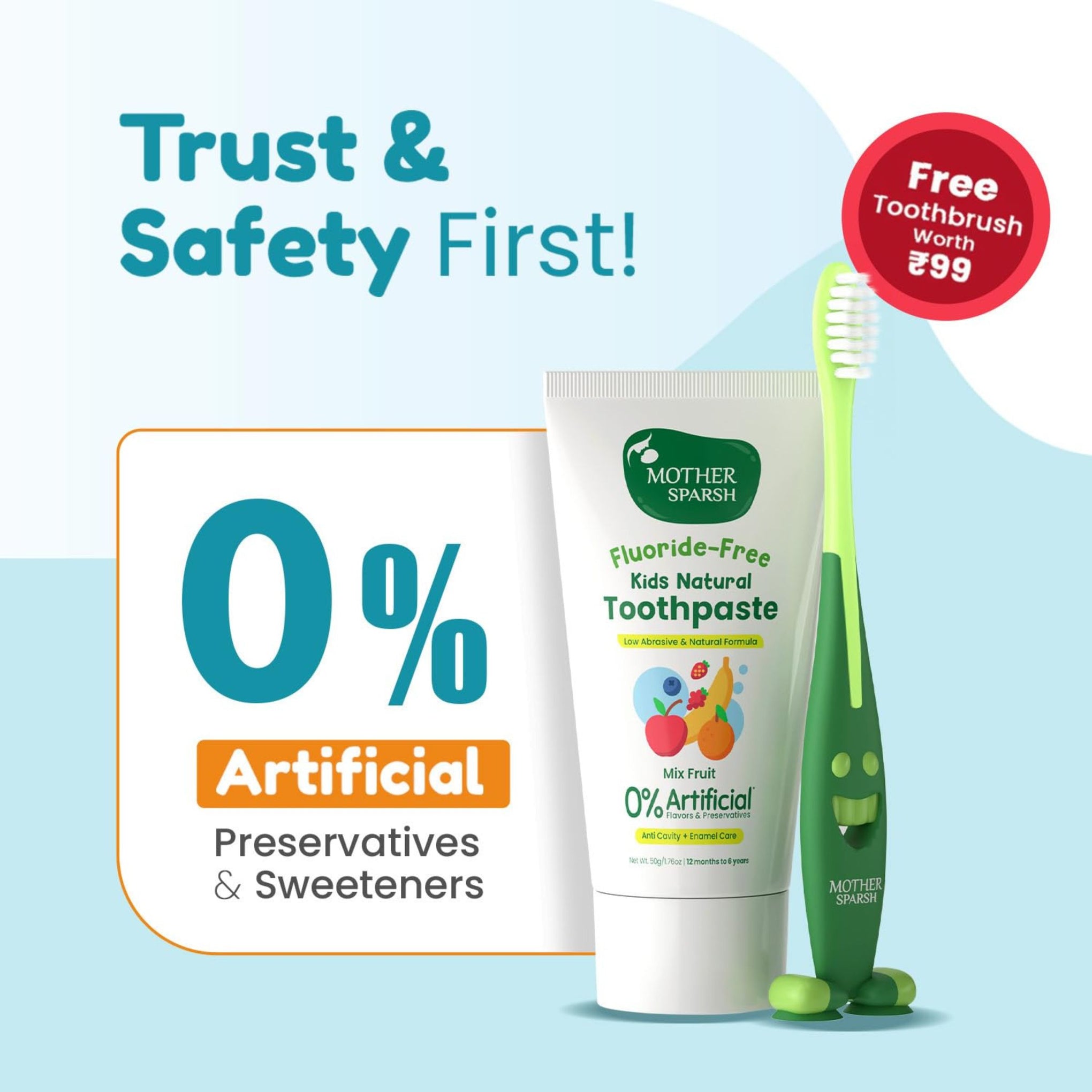 Mother Sparsh Fluoride-Free Kids Natural Toothpaste | With Natural Xylitol | Low Abrasive Enamel Care | 0% Artificial Flavours & Preservatives | Free Kids Toothbrush | For 12 Months–6 Years