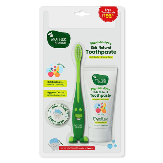 Mother Sparsh Fluoride-Free Kids Natural Toothpaste | With Natural Xylitol | Low Abrasive Enamel Care | 0% Artificial Flavours & Preservatives | Free Kids Toothbrush | For 12 Months–6 Years