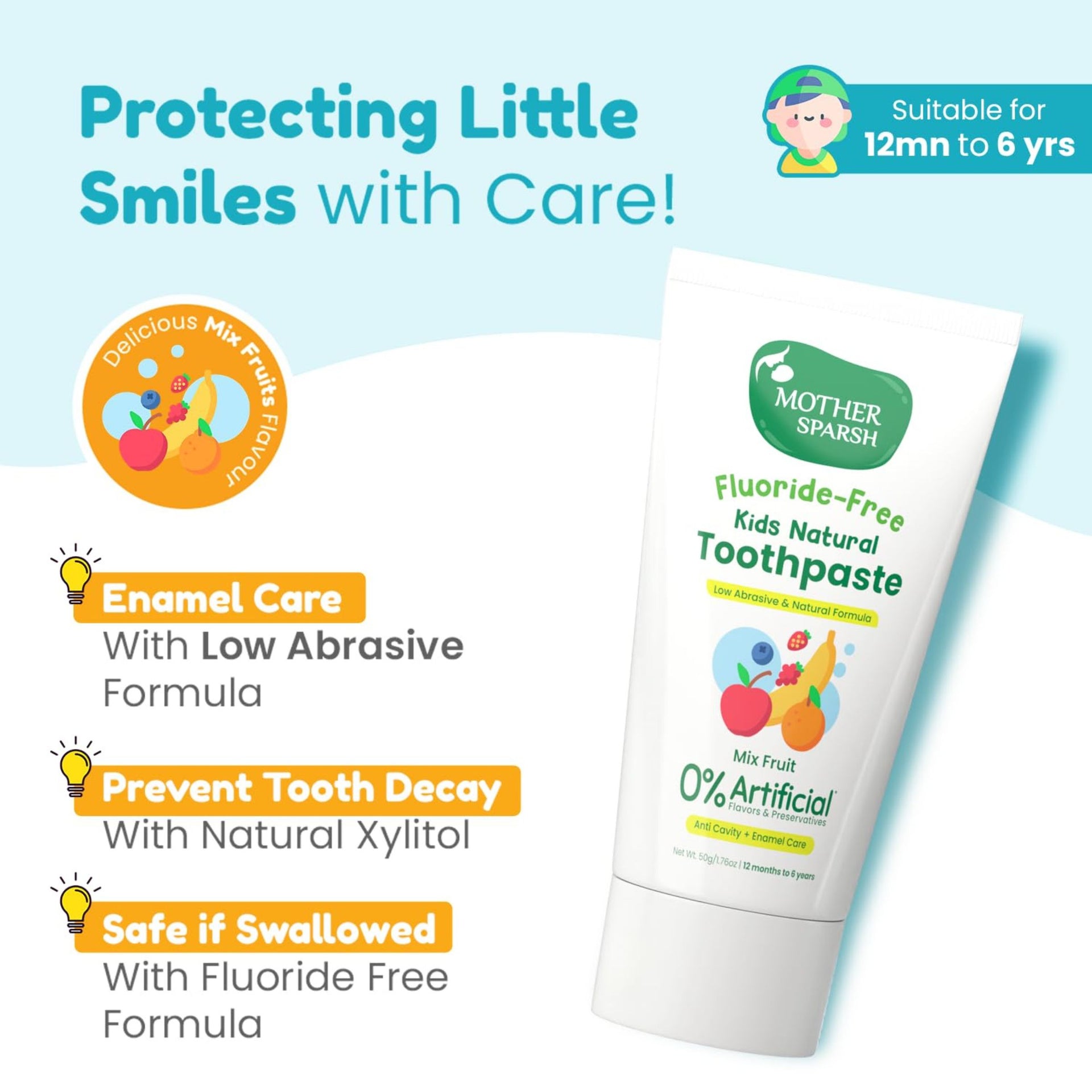 Mother Sparsh Fluoride-Free Kids Natural Toothpaste | With Natural Xylitol | Low Abrasive Enamel Care | 0% Artificial Flavours & Preservatives | Free Kids Toothbrush | For 12 Months–6 Years