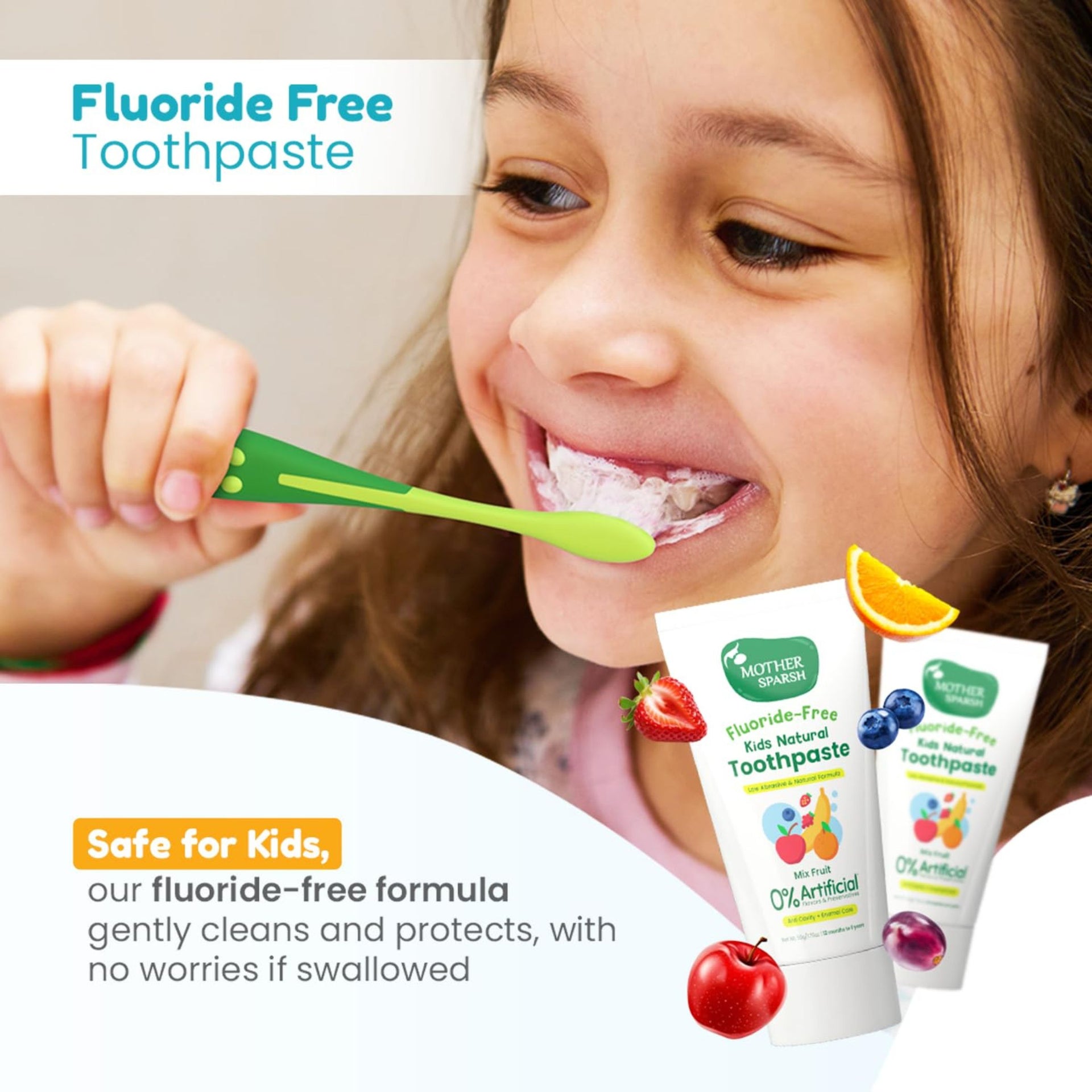 Mother Sparsh Fluoride-Free Kids Natural Toothpaste | With Natural Xylitol | Low Abrasive Enamel Care | 0% Artificial Flavours & Preservatives | Free Kids Toothbrush | For 12 Months–6 Years