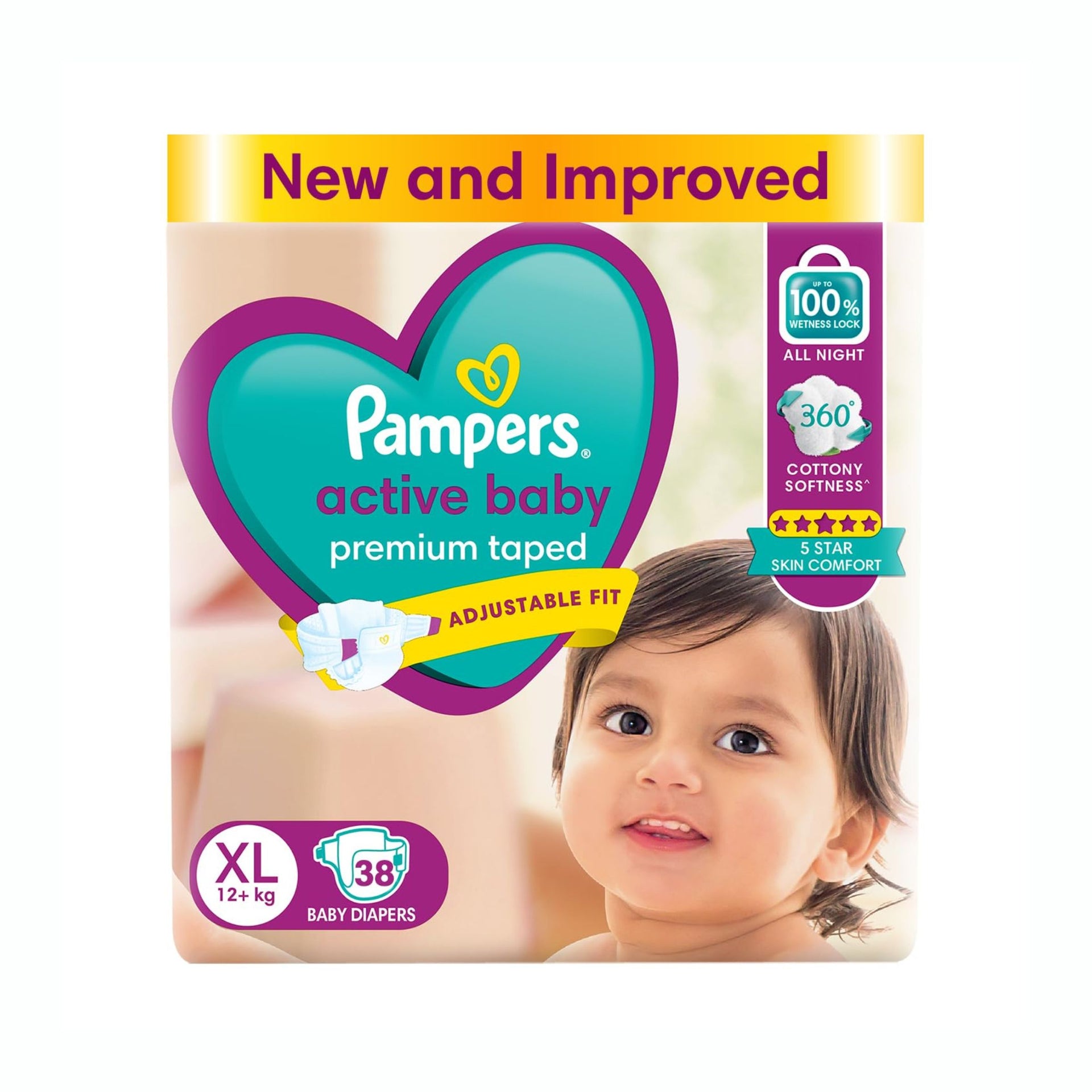 Pampers Active Baby Taped Diapers, Extra Large size diapers, XL-(12-17KG), taped style custom fit