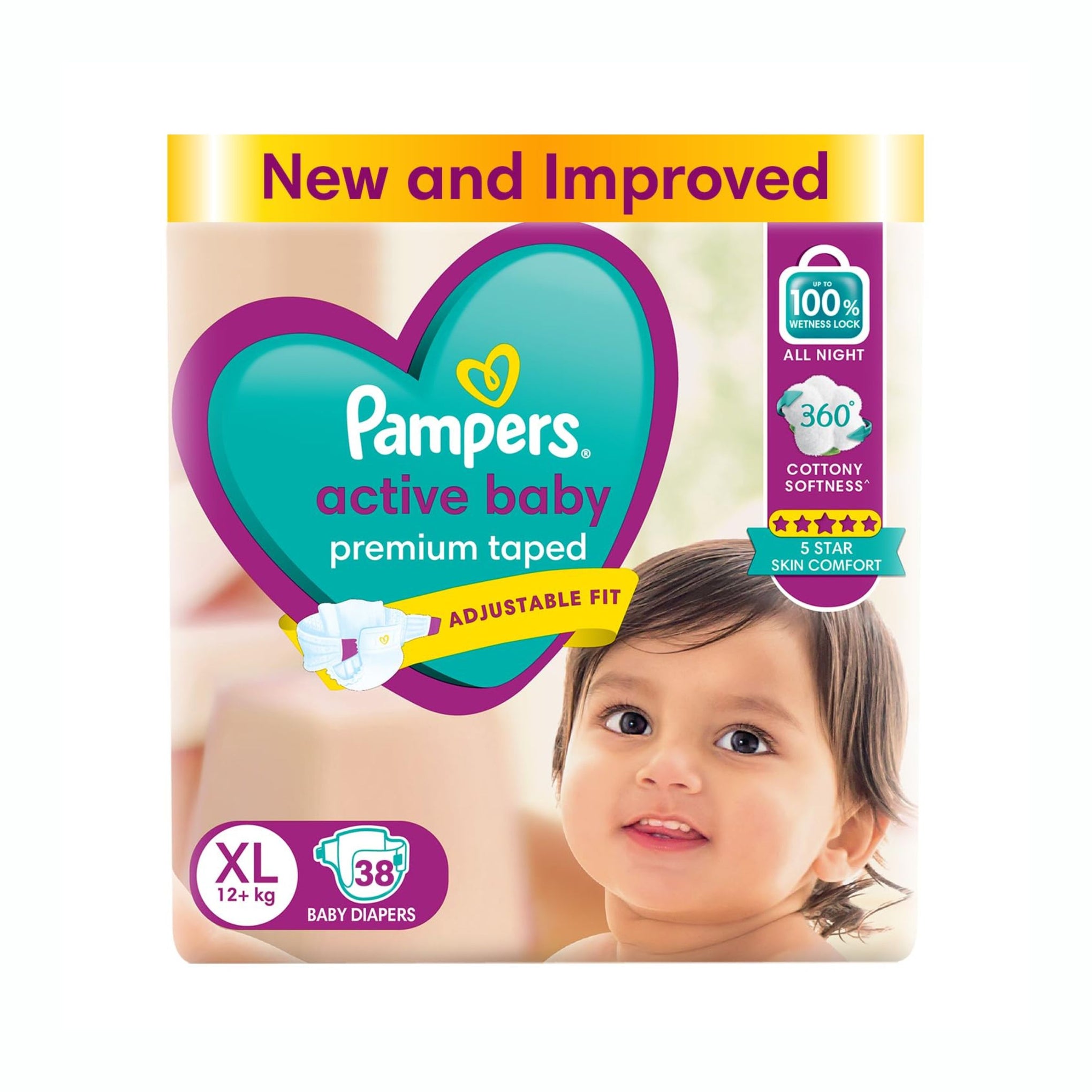 Pampers Active Baby Taped Diapers, Extra Large size diapers, XL-(12-17KG), taped style custom fit
