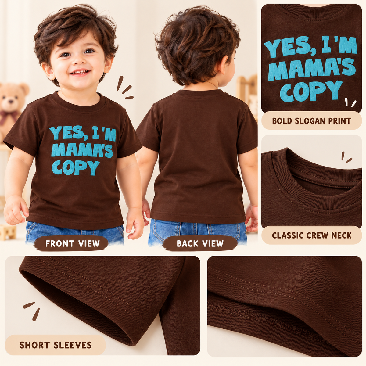 Smile Baby brown Mama's Copy slogan T-shirt front back and detail infographic