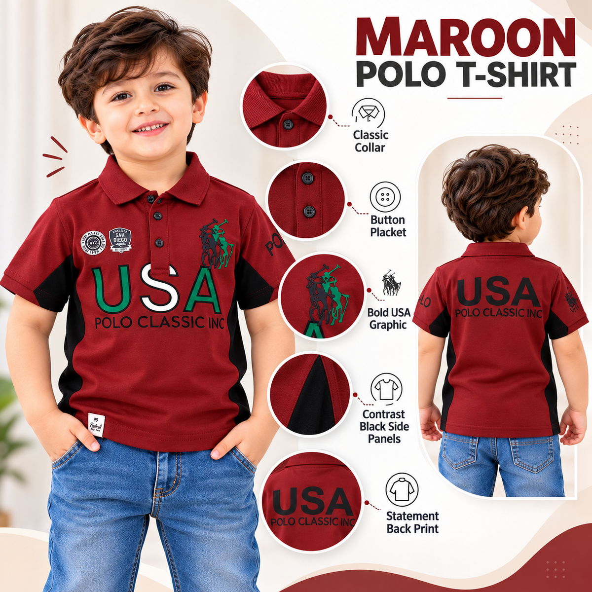 99 BALLON USA graphic polo T-shirt feature showcase with front and back views and contrast side panels