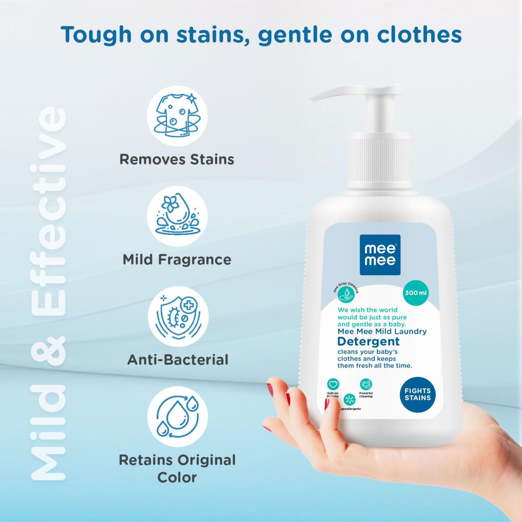 Mee Mee Baby Liquid Detergent 300 ml , 500ml & 1.5ml | Ph balanced, Free from Harsh Chemicals, Safe for mother's hands & baby's skin | Anti-Bacterial, Removes Stains & Odor with One Drop, Hypoallergenic ( pack of 1 )