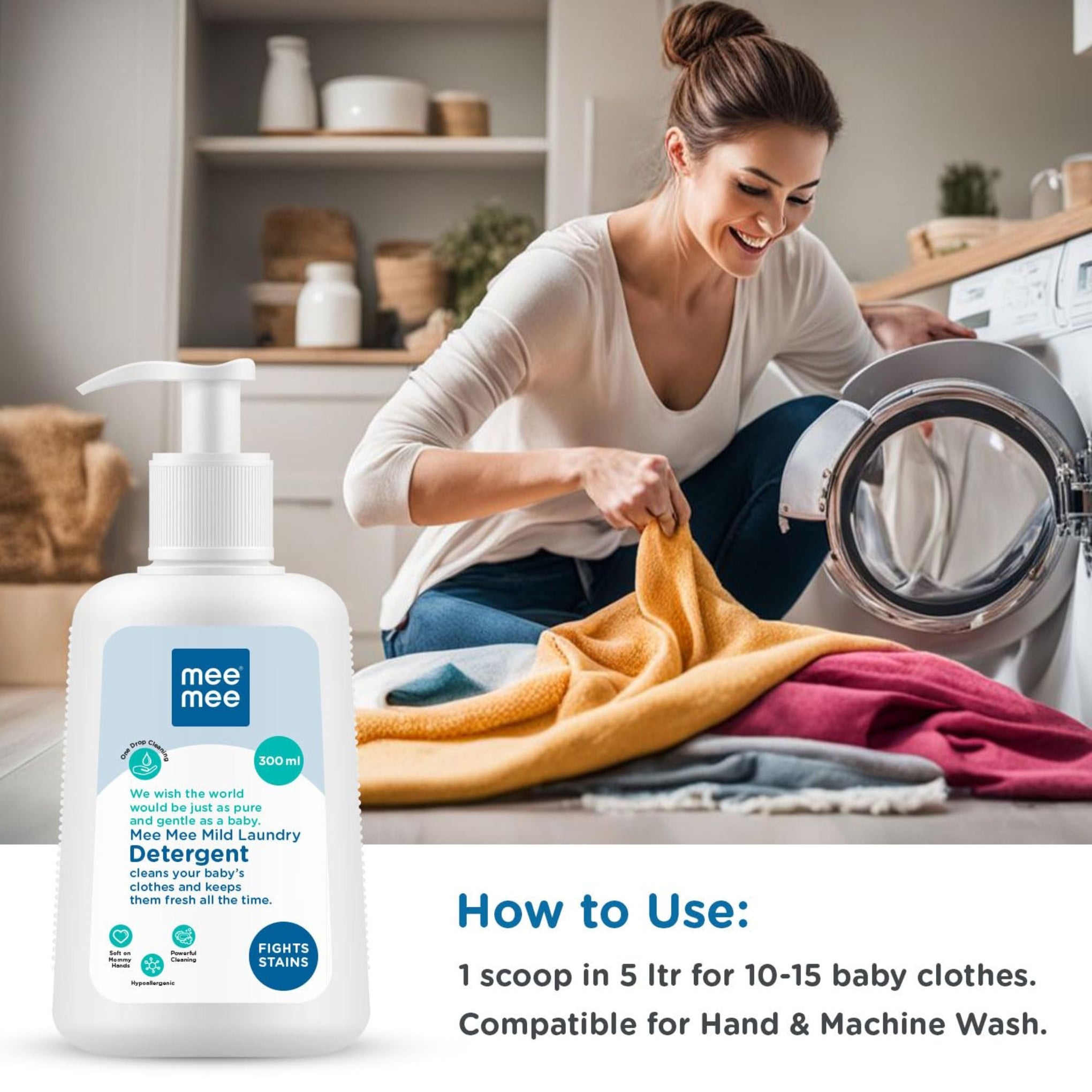 Mee Mee Baby Liquid Detergent 300 ml , 500ml & 1.5ml | Ph balanced, Free from Harsh Chemicals, Safe for mother's hands & baby's skin | Anti-Bacterial, Removes Stains & Odor with One Drop, Hypoallergenic ( pack of 1 )