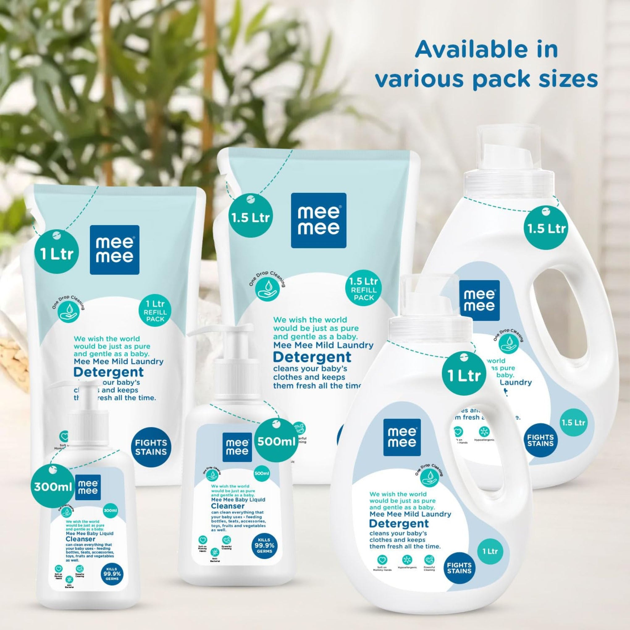 Mee Mee Baby Liquid Detergent 300 ml , 500ml & 1.5ml | Ph balanced, Free from Harsh Chemicals, Safe for mother's hands & baby's skin | Anti-Bacterial, Removes Stains & Odor with One Drop, Hypoallergenic ( pack of 1 )