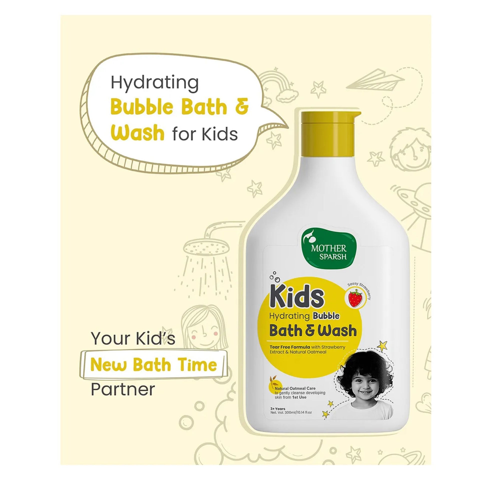Mother Sparsh Baby Kids Hydrating Bubble Bath & Wash Strawberry Body Wash with Tear Free Formula & Oatmeal Extract - 300 ml