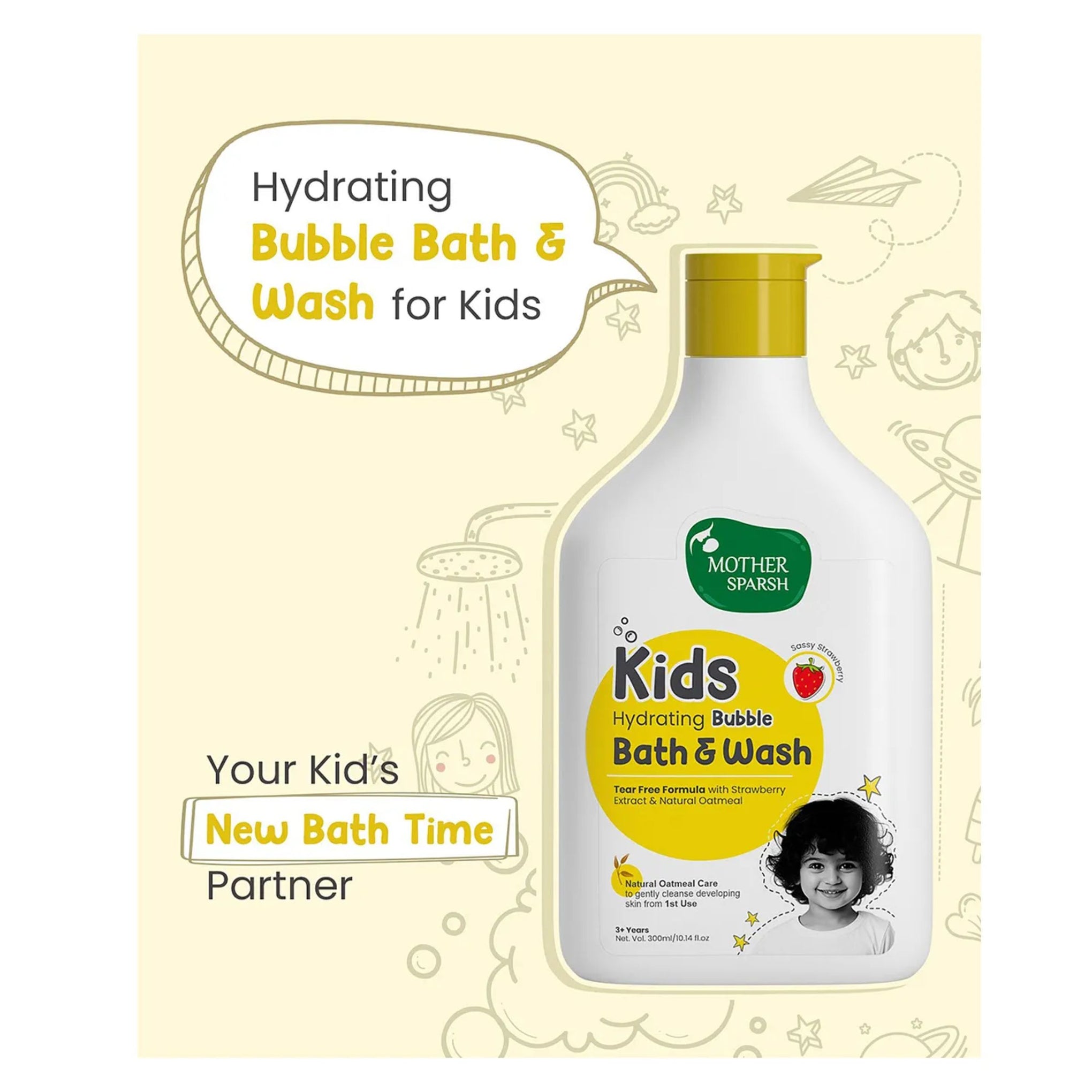 Mother Sparsh Baby Kids Hydrating Bubble Bath & Wash Strawberry Body Wash with Tear Free Formula & Oatmeal Extract - 300 ml
