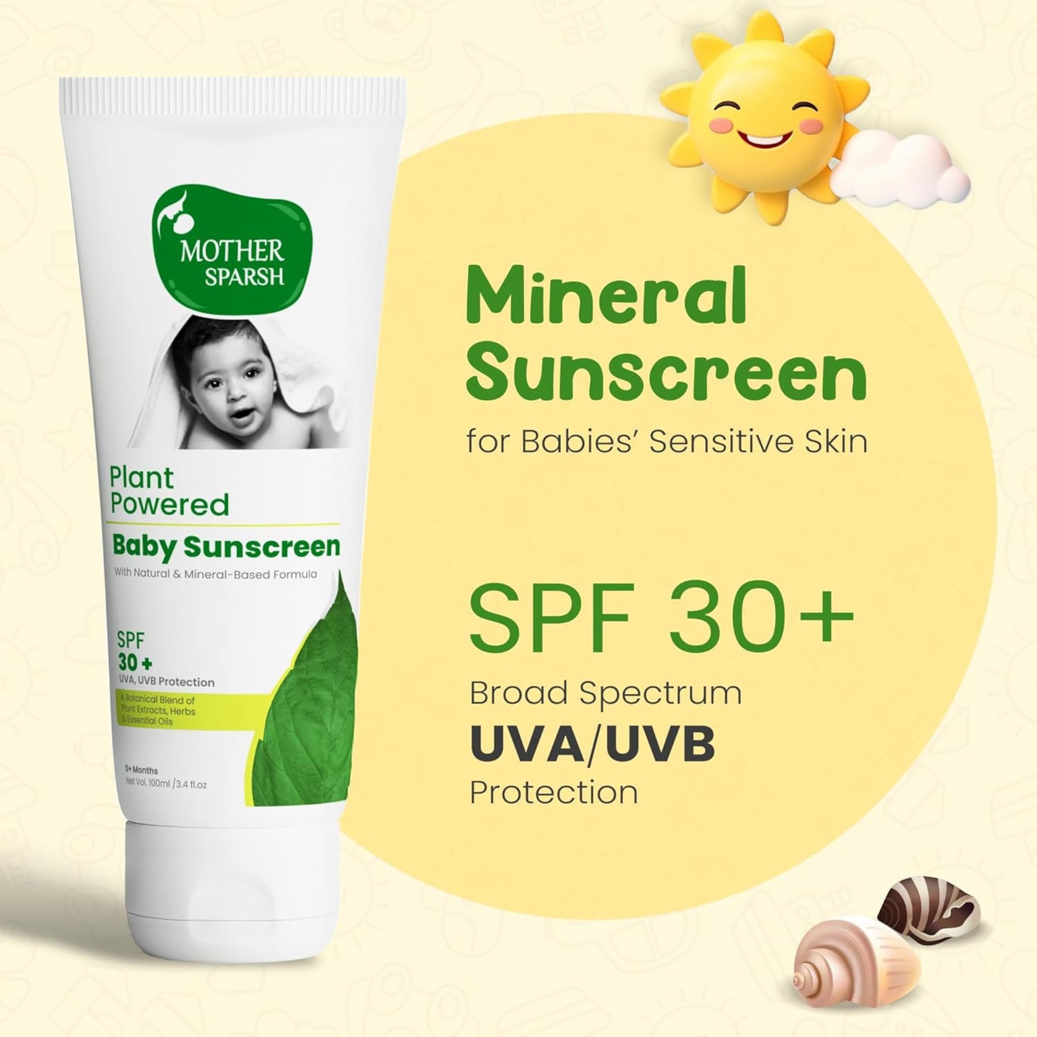 Mother Sparsh Natural Baby Sunscreen Lotion-100ml with SPF 30+ For UVA & UVB Protection | Plant derived 95% Bio Based Ingredients
