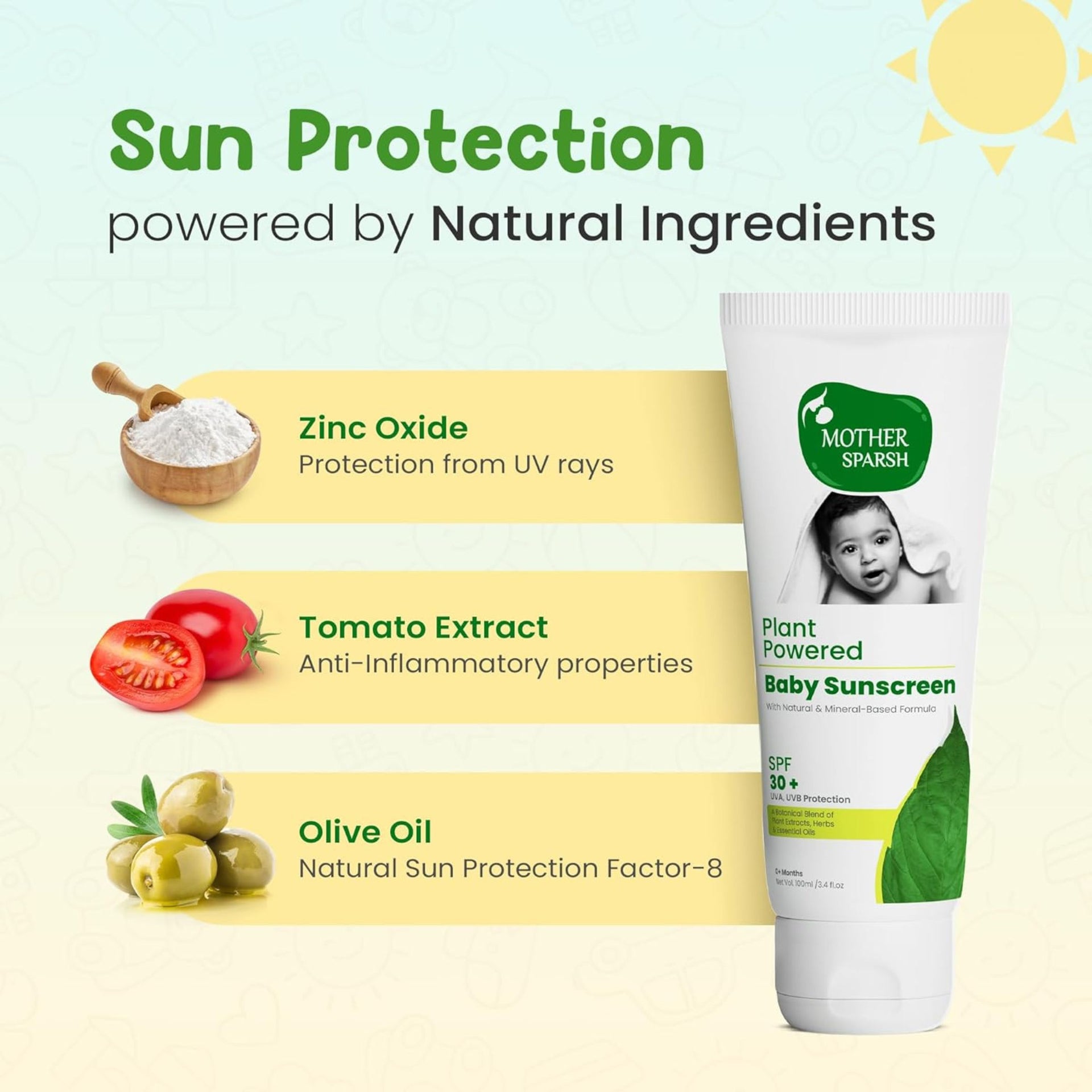 Mother Sparsh Natural Baby Sunscreen Lotion-100ml with SPF 30+ For UVA & UVB Protection | Plant derived 95% Bio Based Ingredients