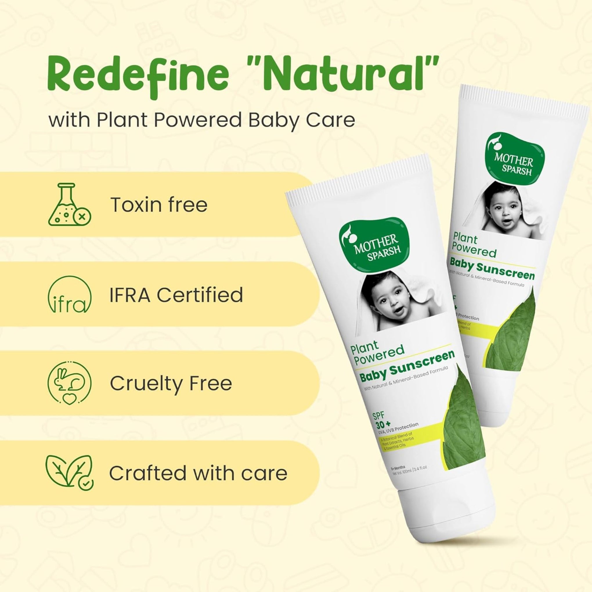 Mother Sparsh Natural Baby Sunscreen Lotion-100ml with SPF 30+ For UVA & UVB Protection | Plant derived 95% Bio Based Ingredients