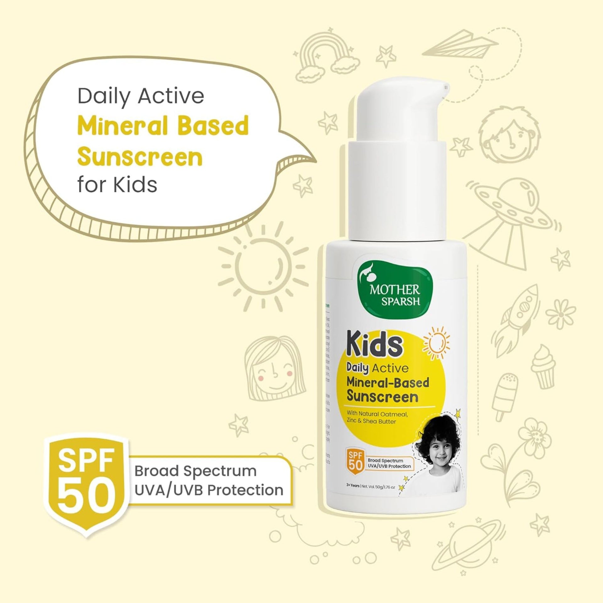Mother Sparsh Sunscreen For Kids & Babies- 50g with Natural Oatmeal & Zinc | Daily Active Mineral-Based Baby Sunscreen Lotion with SPF 50 | Broad Spectrum, UVA/UVB Protection | Water & Sweat Resistant