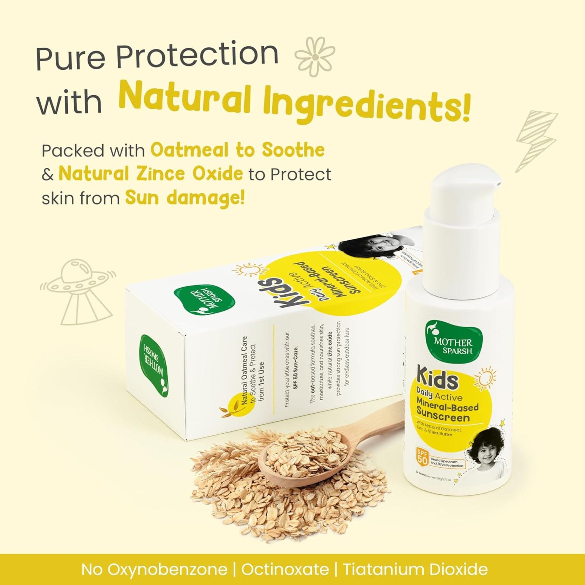 Mother Sparsh Sunscreen For Kids & Babies- 50g with Natural Oatmeal & Zinc | Daily Active Mineral-Based Baby Sunscreen Lotion with SPF 50 | Broad Spectrum, UVA/UVB Protection | Water & Sweat Resistant