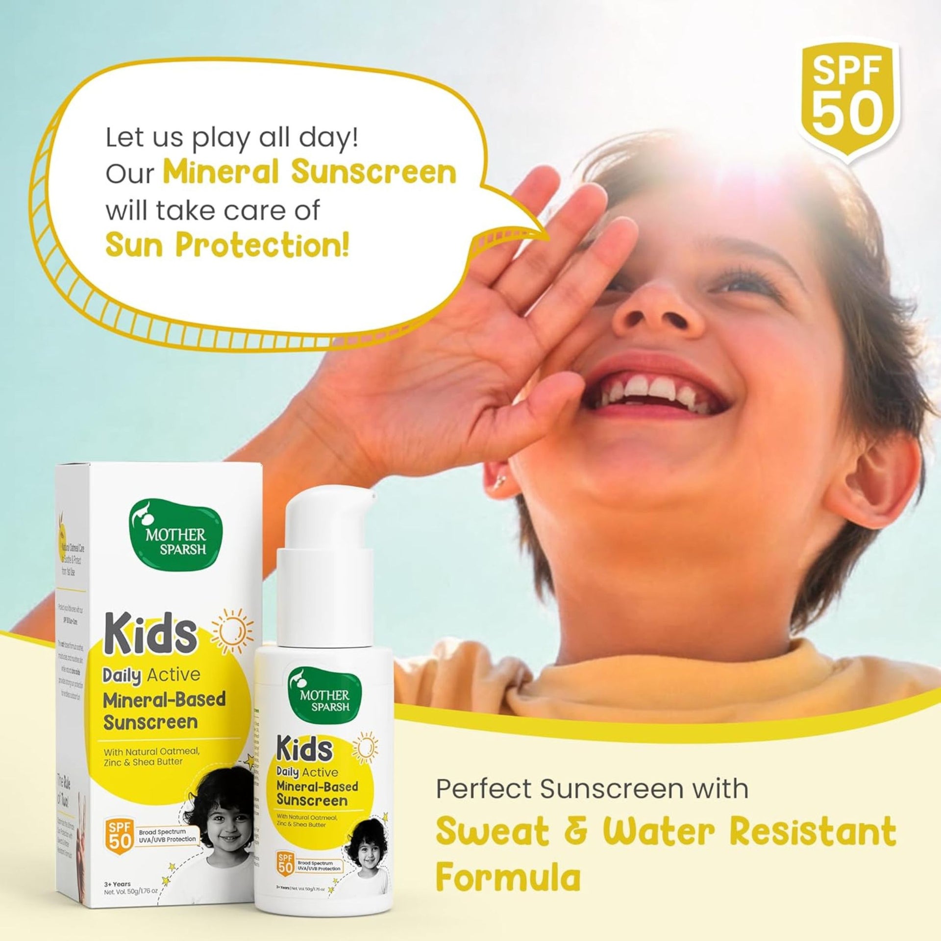Mother Sparsh Sunscreen For Kids & Babies- 50g with Natural Oatmeal & Zinc | Daily Active Mineral-Based Baby Sunscreen Lotion with SPF 50 | Broad Spectrum, UVA/UVB Protection | Water & Sweat Resistant