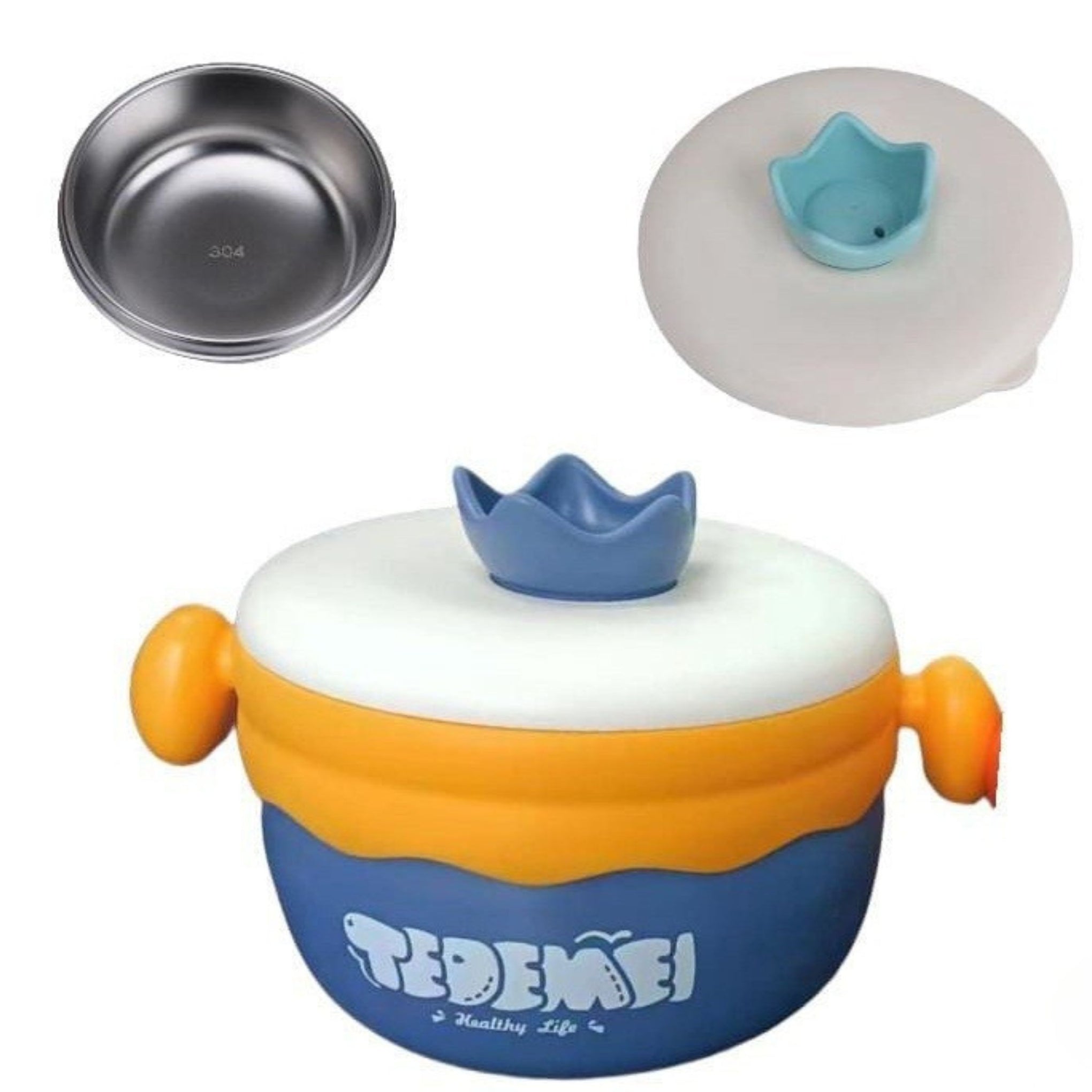 Smile Baby  Toddler Kids Feeding Bowl, Meal Bowl Stainless Steel Multi-Functional Bowl. Set Of 1 400ML, BLUE/ORANGE color
