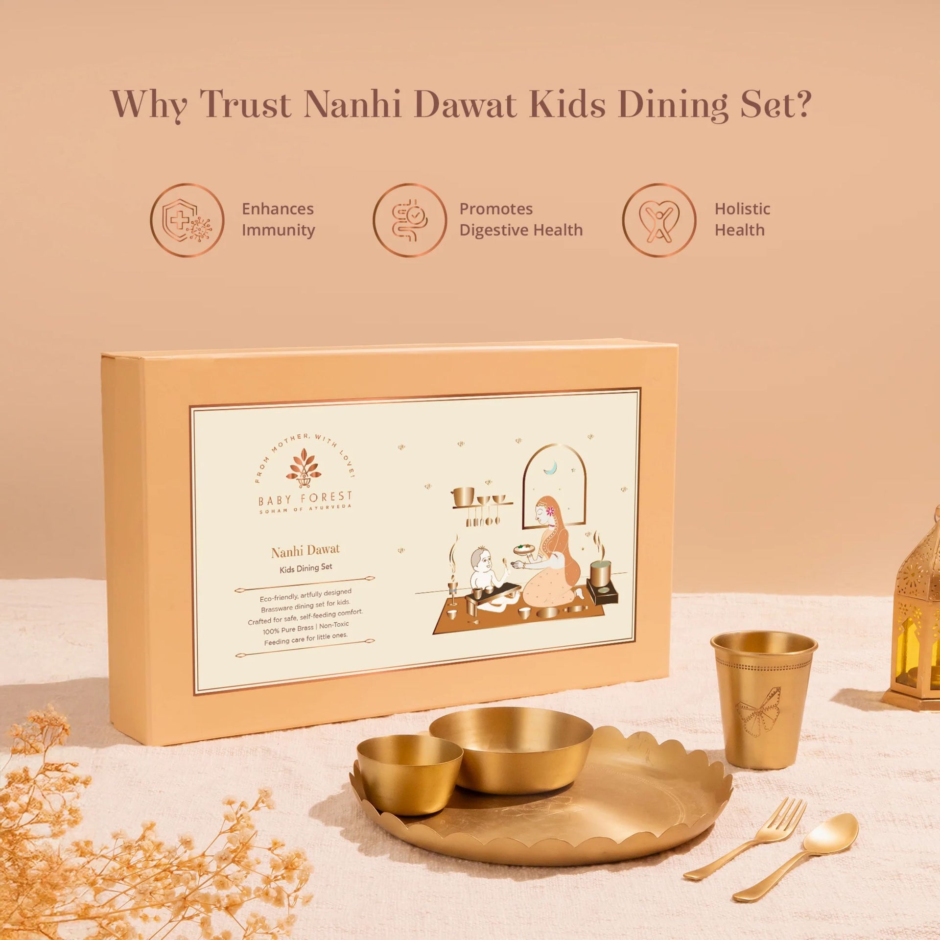 BABY FOREST Nanhi Dawat Pure Brass Kids Dining Set | Safe & Ayurvedic Feeding Set for Babies
