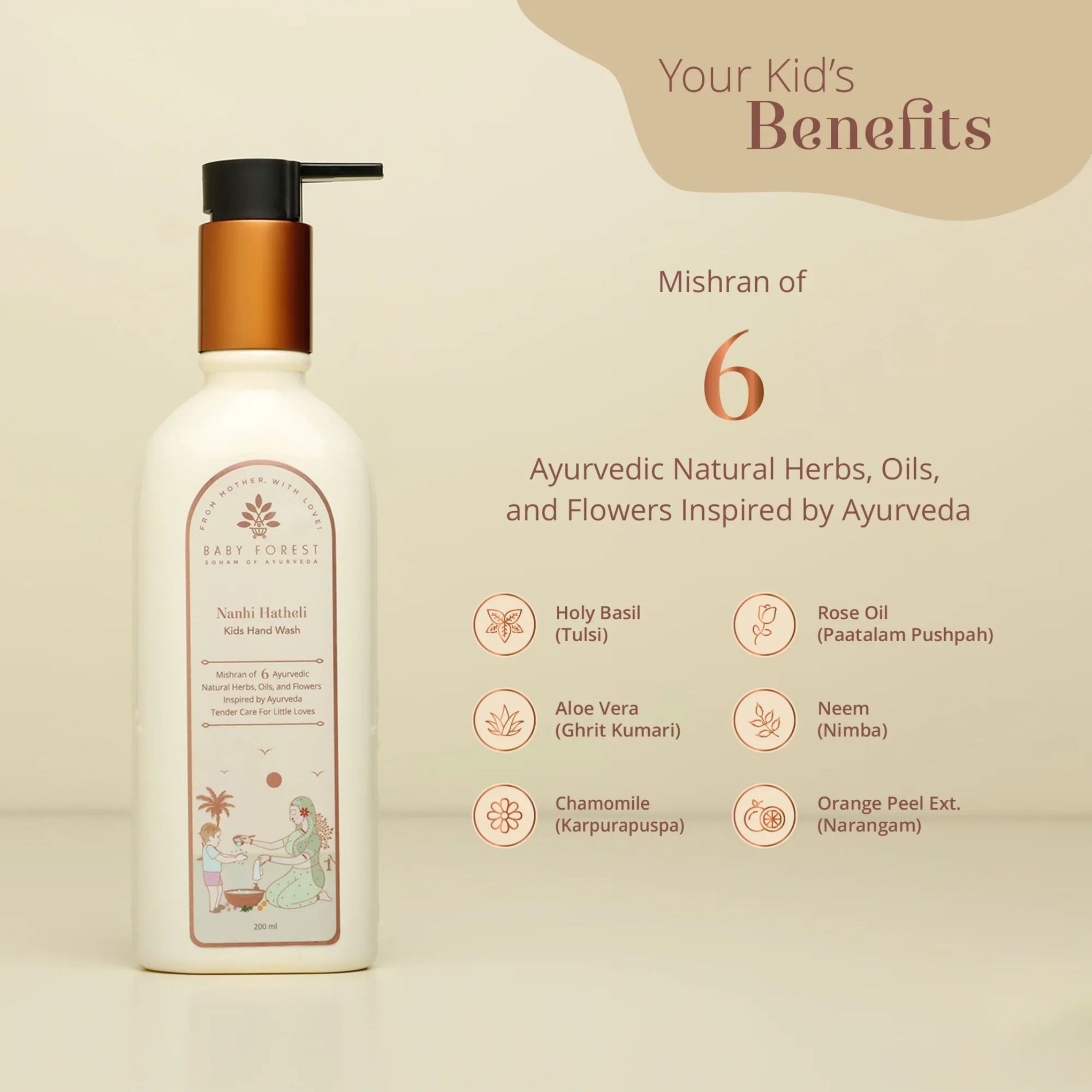 Baby Forest Nanhi Hatheli Kids Hand Wash | Gentle Ayurvedic Hand Wash for Kids with Tulsi, Aloe Vera & Neem | 200 ml