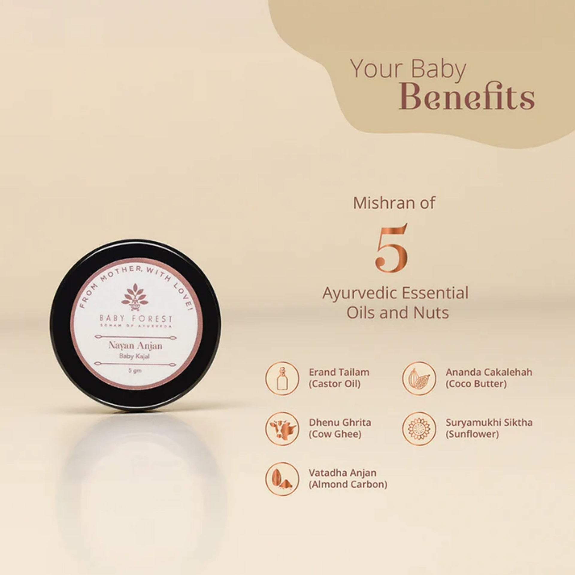 BABY FOREST Nayan Anjan Baby Kajal | Ayurvedic Baby Kajal with 5 Essential Oils & Nuts | 5 g