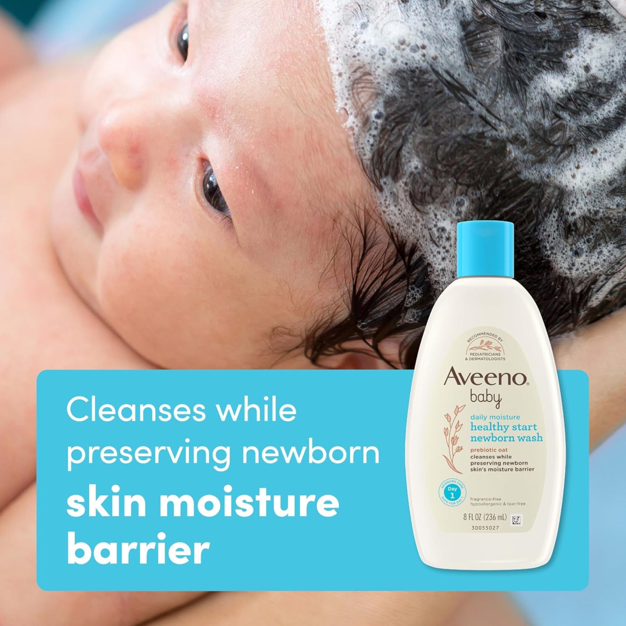 Aveeno Baby Daily Moisture Healthy Start Newborn Wash 236 ml | Prebiotic Oat, Tear-Free & Gentle from Day 1