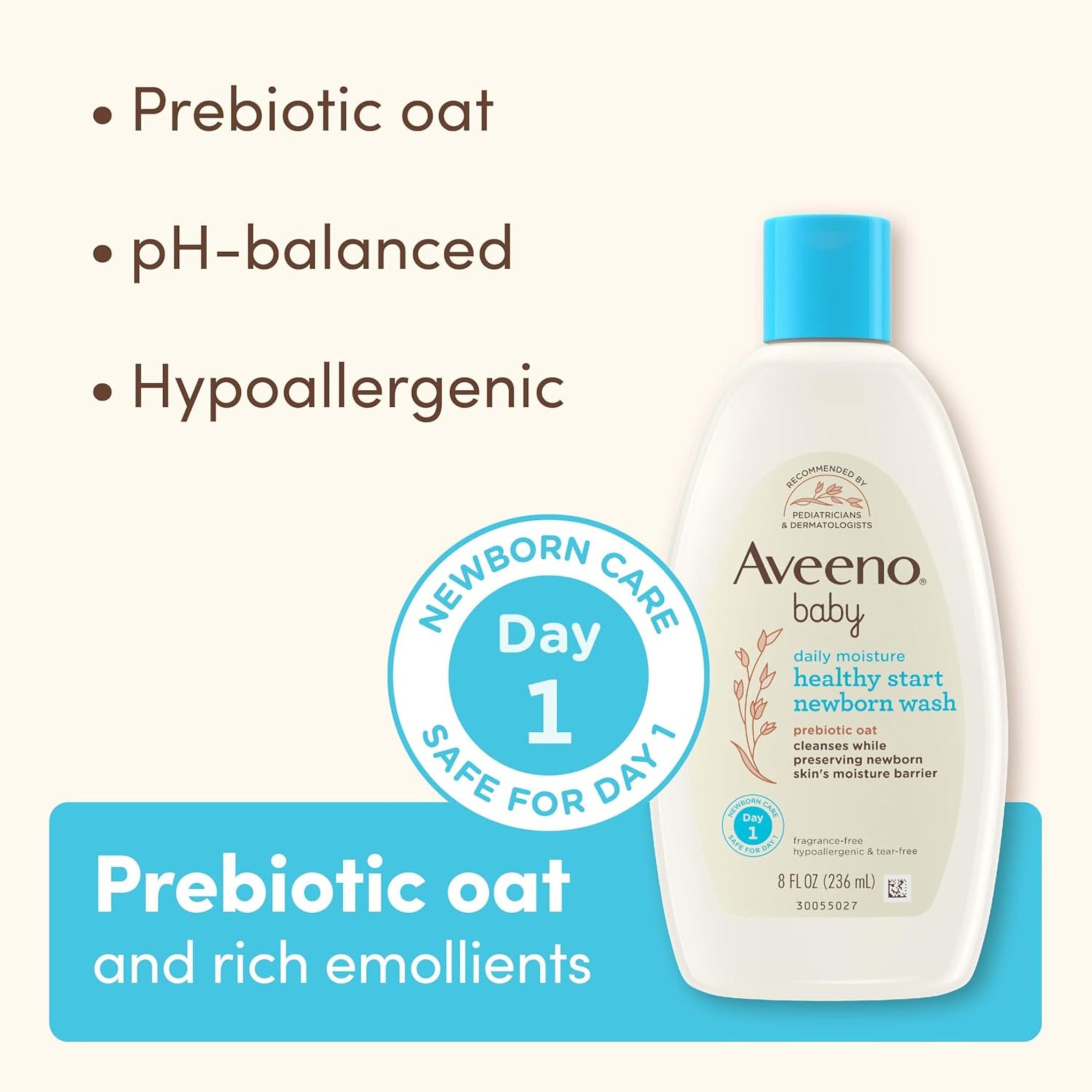 Aveeno Baby Daily Moisture Healthy Start Newborn Wash 236 ml | Prebiotic Oat, Tear-Free & Gentle from Day 1