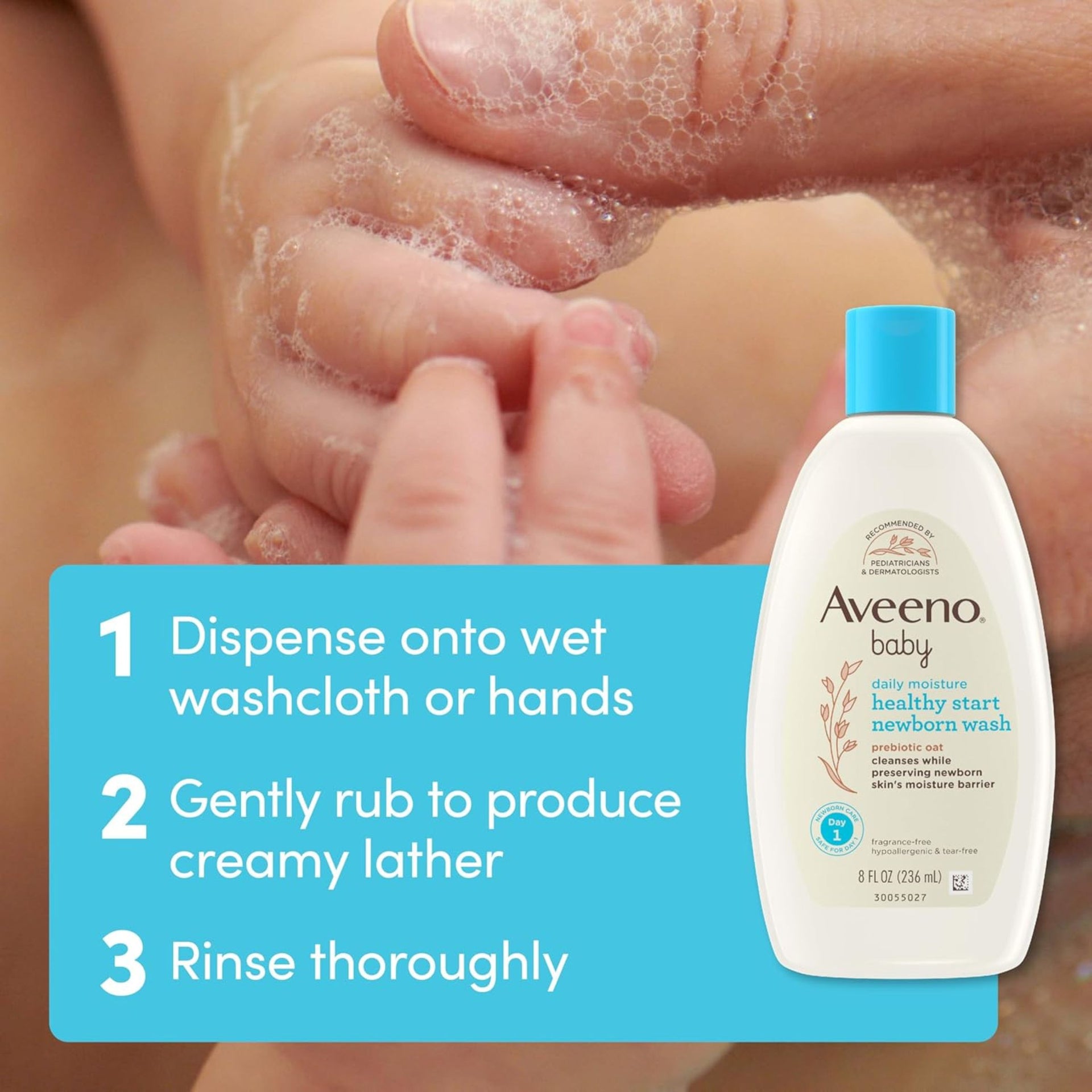 Aveeno Baby Daily Moisture Healthy Start Newborn Wash 236 ml | Prebiotic Oat, Tear-Free & Gentle from Day 1