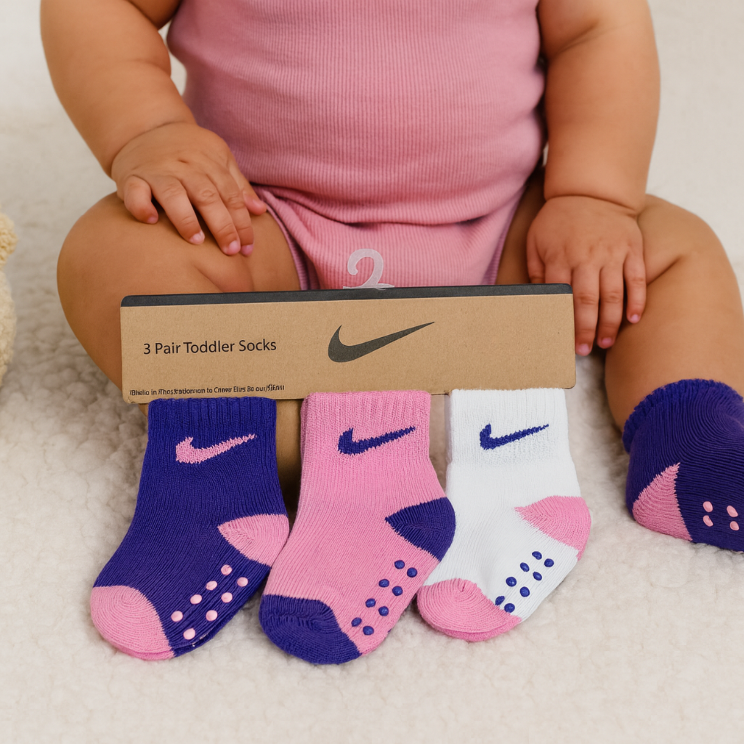Smile Baby 3-Pair Toddler Socks Set (1–5Y) – Soft Cotton Anti-Slip Grip Socks in Purple, Pink & White
