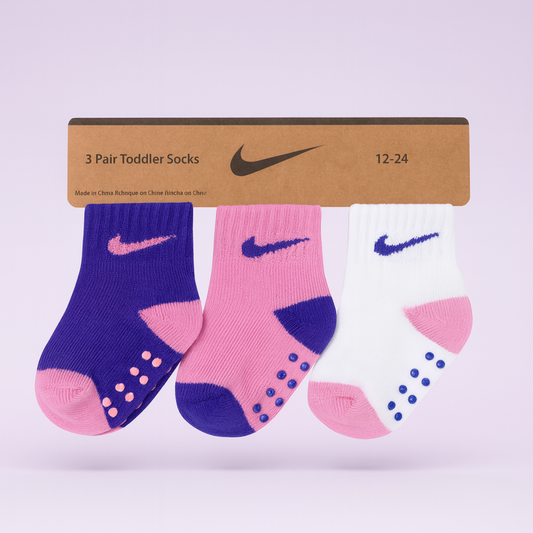Smile Baby 3-Pair Toddler Socks Set (1–5Y) – Soft Cotton Anti-Slip Grip Socks in Purple, Pink & White