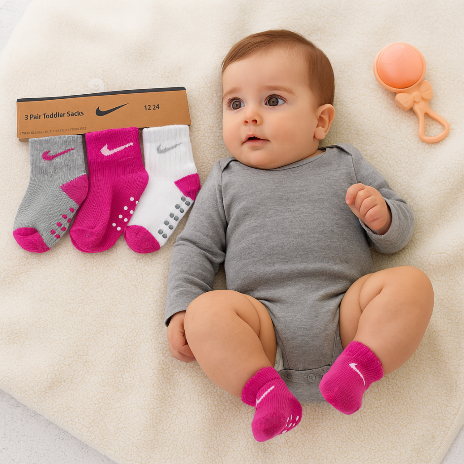 Smile Baby 3-Pair Toddler Socks Set (1–5Y) – Soft Cotton Anti-Slip Grip Socks for Girls