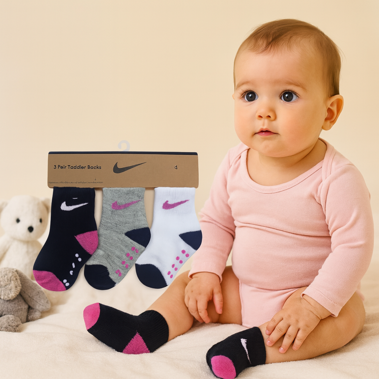 Smile Baby 3-Pair Toddler Socks Set (1–5Y) – Soft Cotton Anti-Slip Grip Socks in Black, Grey & White