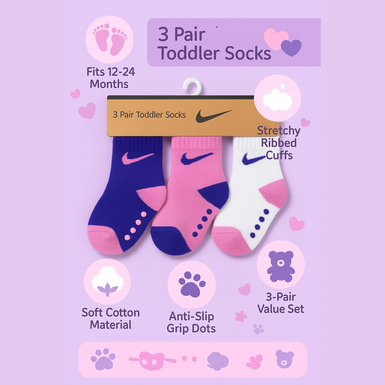 Smile Baby 3-Pair Toddler Socks Set (1–5Y) – Soft Cotton Anti-Slip Grip Socks in Purple, Pink & White